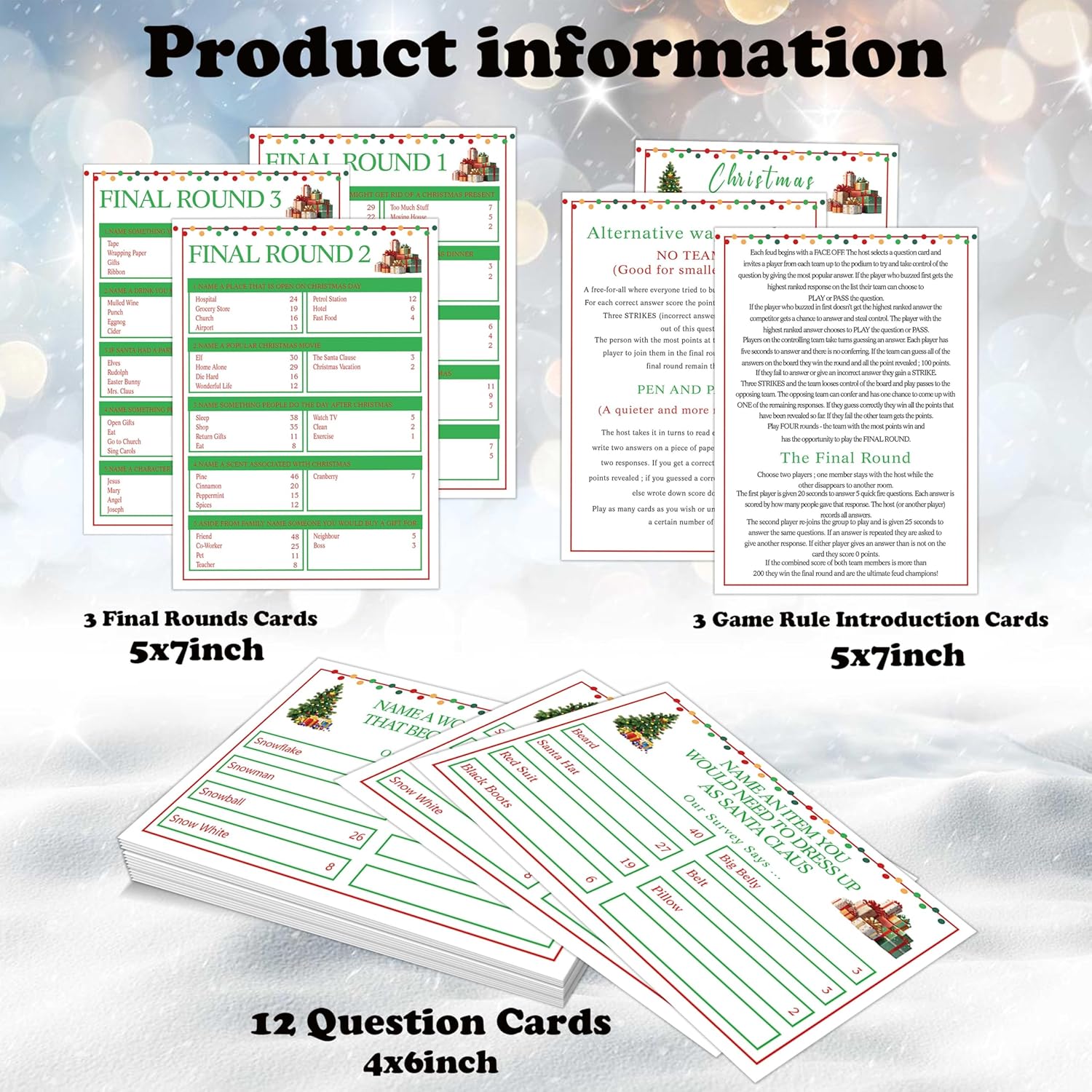 Christmas Friendly Family Feud Game, Feud Trivia Quiz, Baby Shower Game For Family Activity (12 Question Cards & 3 Final Round Cards) Christmas Games For Family Party Decorations Supplies-Sg6