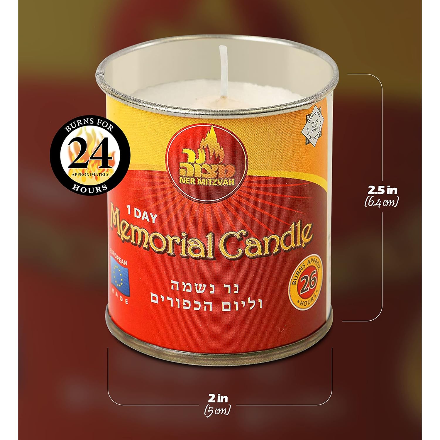 Ner Mitzvah 1 Day Yartzeit Candle - 24 Pack - 24 Hour Kosher Yahrtzeit Memorial and Yom Kippur Candle in Tin Cup Holder