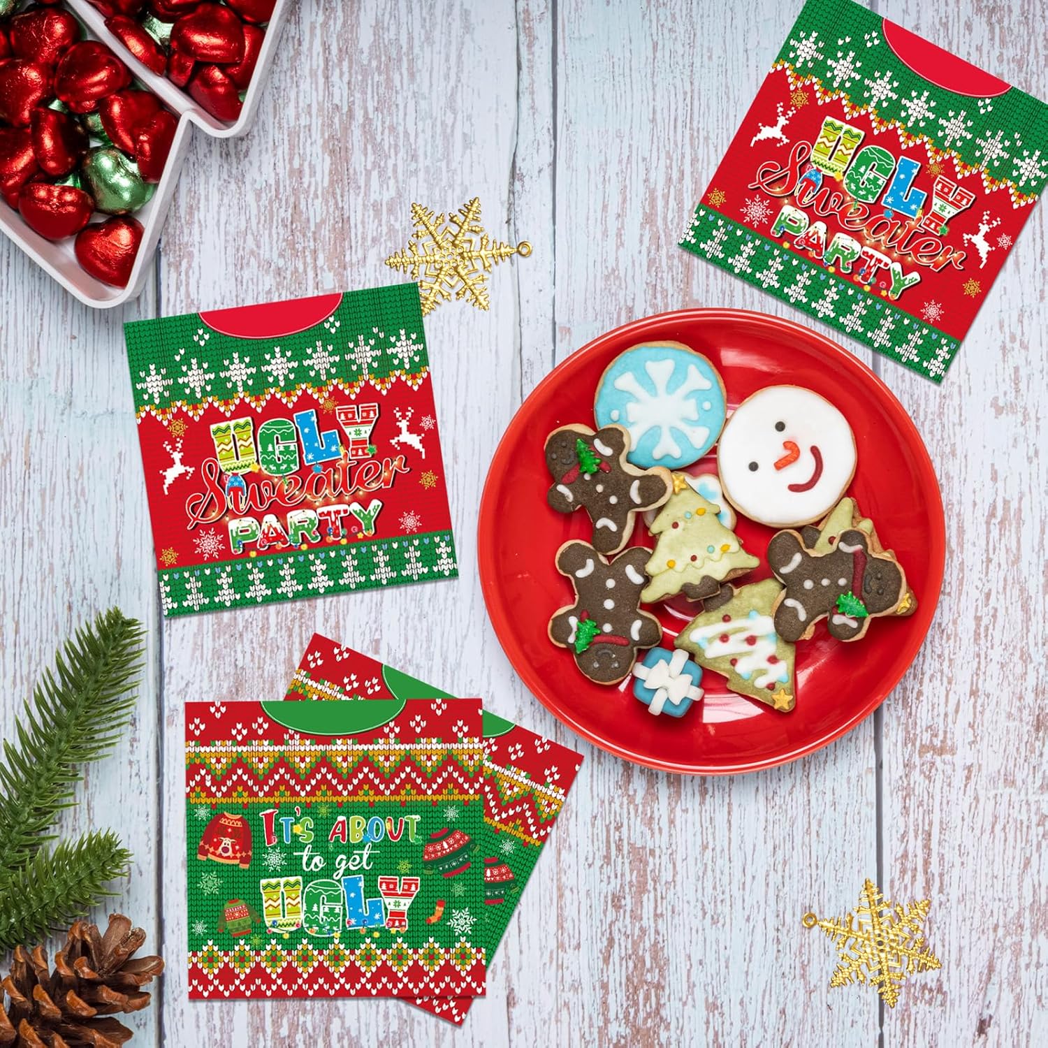 100Pcs Merry Christmas Ugly Sweater Napkins Disposable, 6.5 X 6.5 Inches Red Green Tacky Sweater Xmas Party Decoration Paper Napkins For Christmas Holiday Family Gatherings Home Office Decor