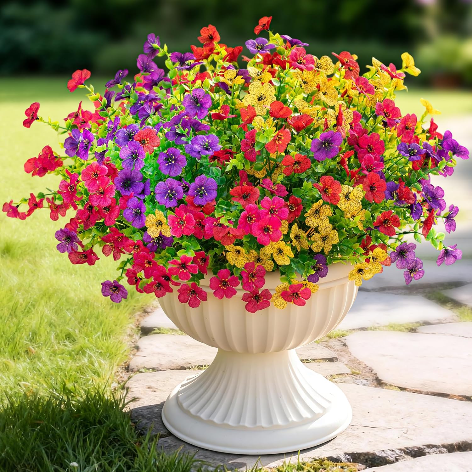 Artificial Fake Flowers Plants For Outdoors Spring Summer Decor,16 Bundles Faux Flowers Plant Silk Daisy Uv Resistant For Outside Planters Front Porch Patio Yard Garden Home(Red,Purple,Yellow,Fuchsia)