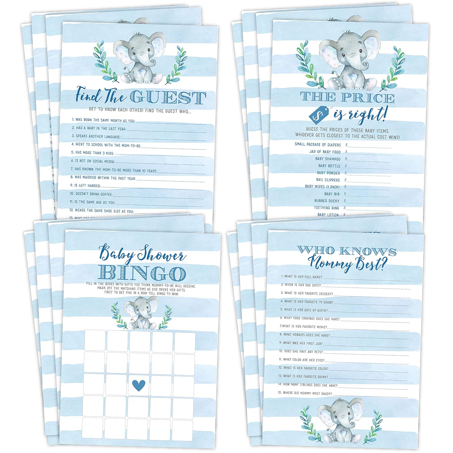 Elephant Boy Baby Shower Games - Bingo, Find The Guest, The Price Is Right, Who Knows Mommy Best - 25 Games Each, Printed Front And Back, 1 Game Per Side