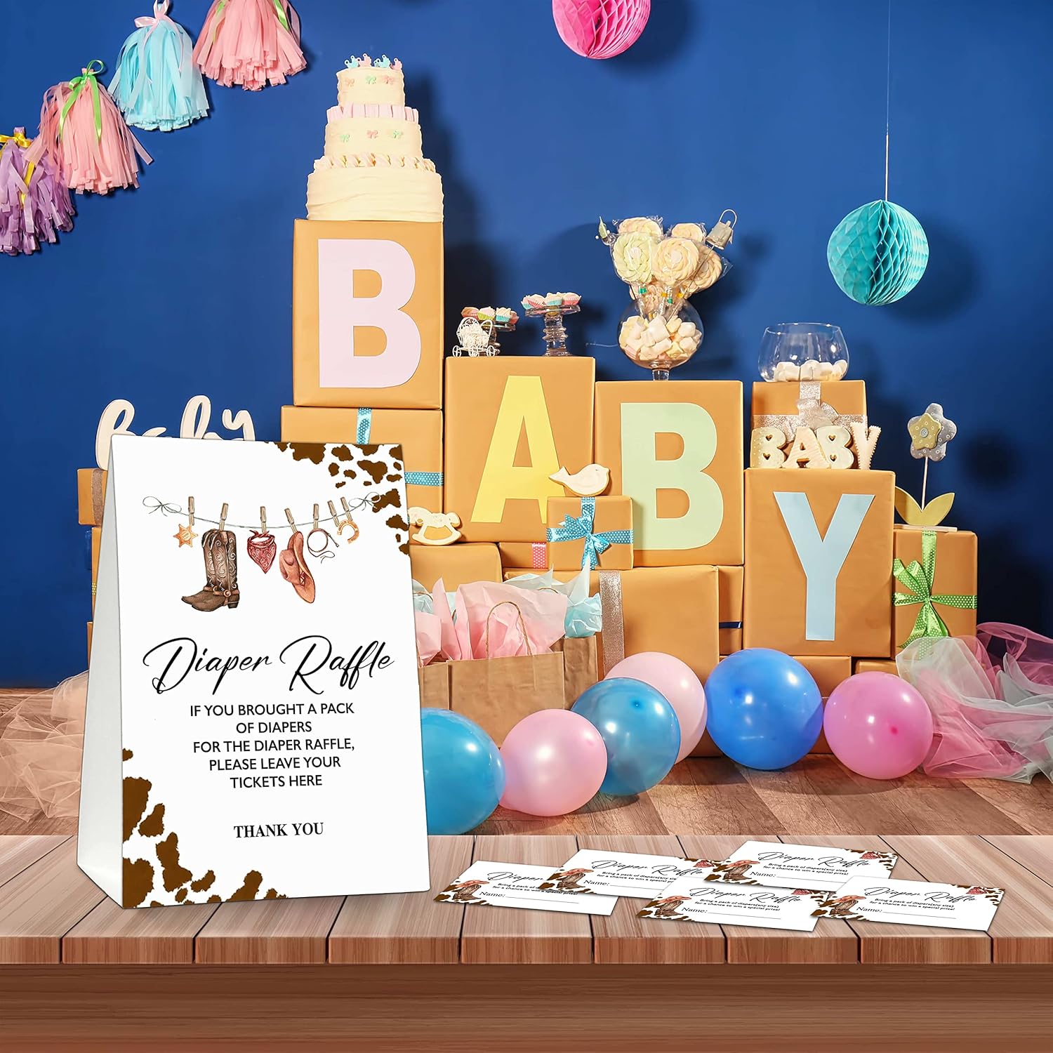 Diaper Raffle Party Games, Western Baby Shower Game, Rustic Country Western Themed Baby Gender Reveal Party Supplies & Activities -1 Double Sided Standing Sign + 50 Guessing Cards (A16)