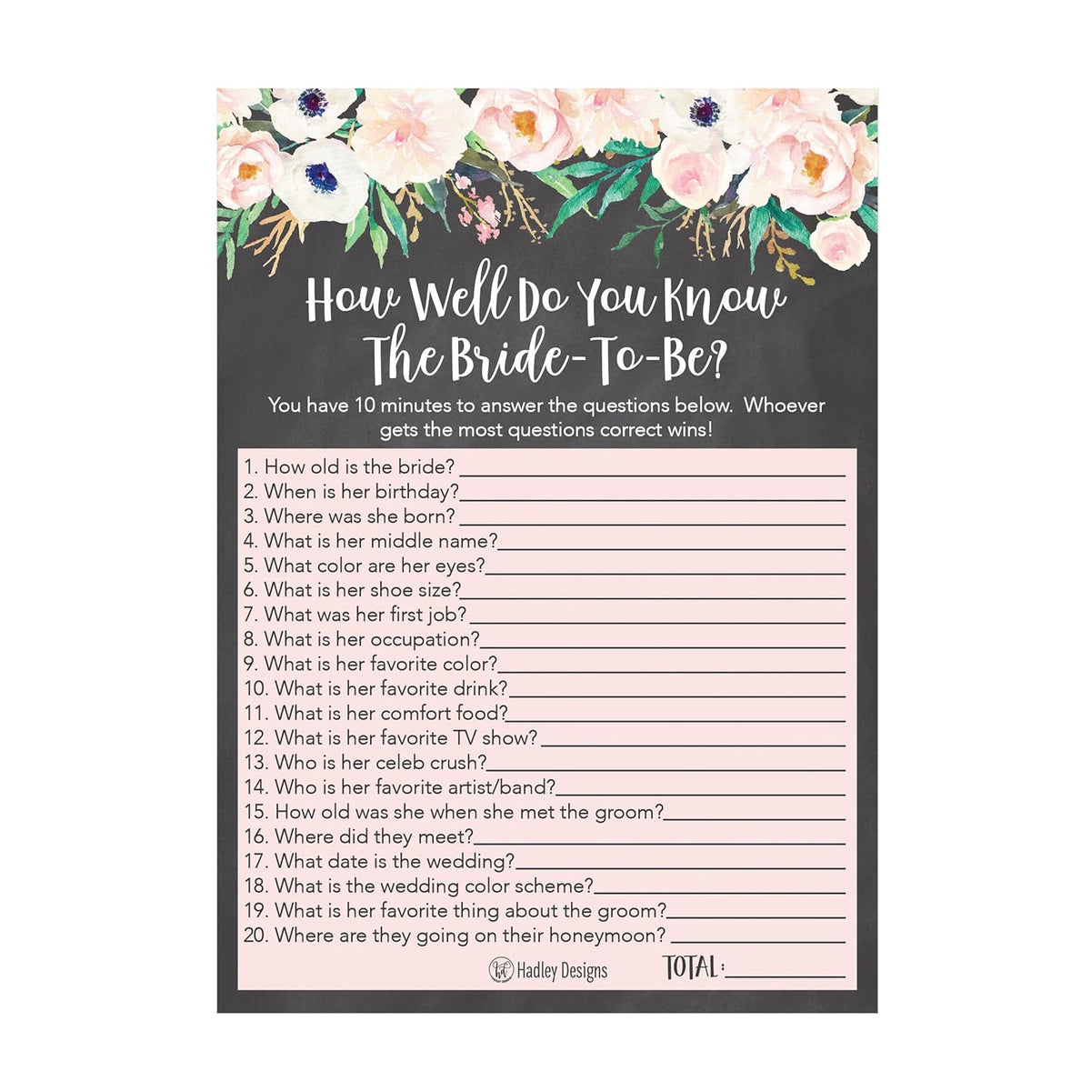 25 Floral How Well Do You Know The Bride Bridal Wedding Shower Or Bachelorette Party Game, Flowers Who Knows The Best, Does The Groom Couples Guessing Question Set Of Cards Pack, Printed Engagement