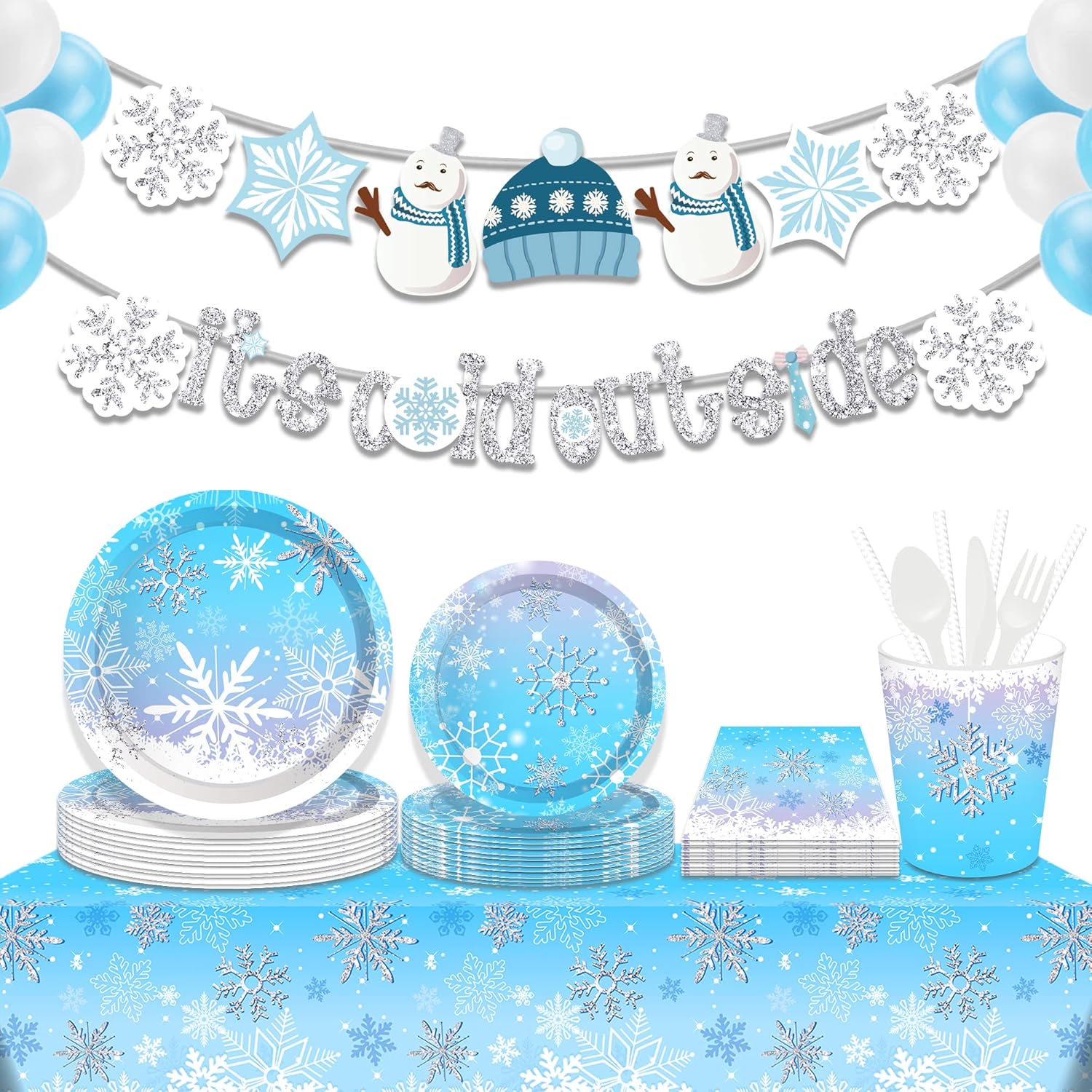 Snowflake Party Decorations,Winter,Christmas Include Blue Snow Party Plates, Dessert Plates,Cups, Napkins (88Pcs )