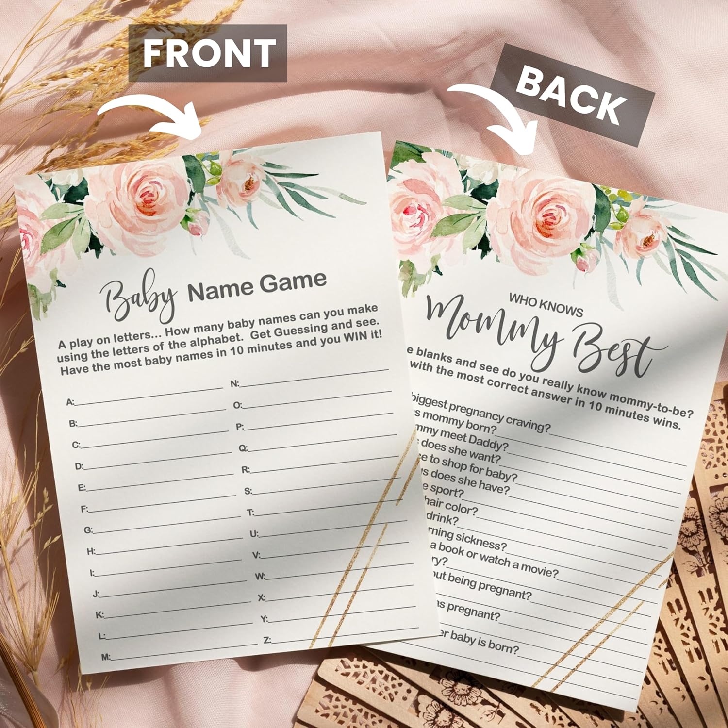 Graceful Floral Baby Shower Games For Girls - 25 Activities Bundle - Word Scramble, Guess The Price, Baby Name Race & Who Knows Mommy Best - Rustic Pink Greenery Theme, Double-Sided 5X7 Cards