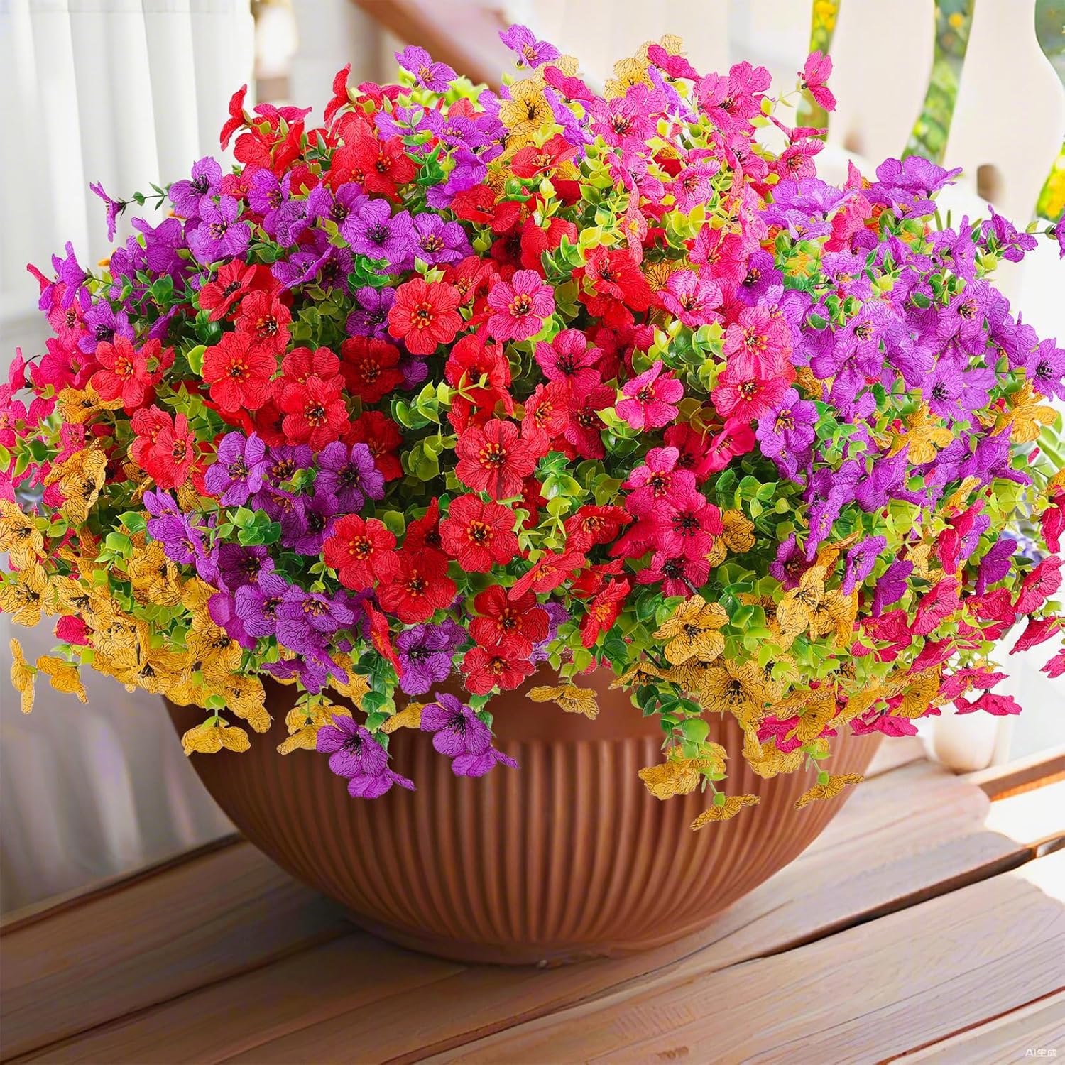 18 Pcs Artificial Flowers For Outdoors Uv Resistant Fake Flower Plastic Spring Flowers Faux Silk Plants For Outside Porch Window Easter Patio Home Decor (18, Red, Purple, Yellow, Rose Red)
