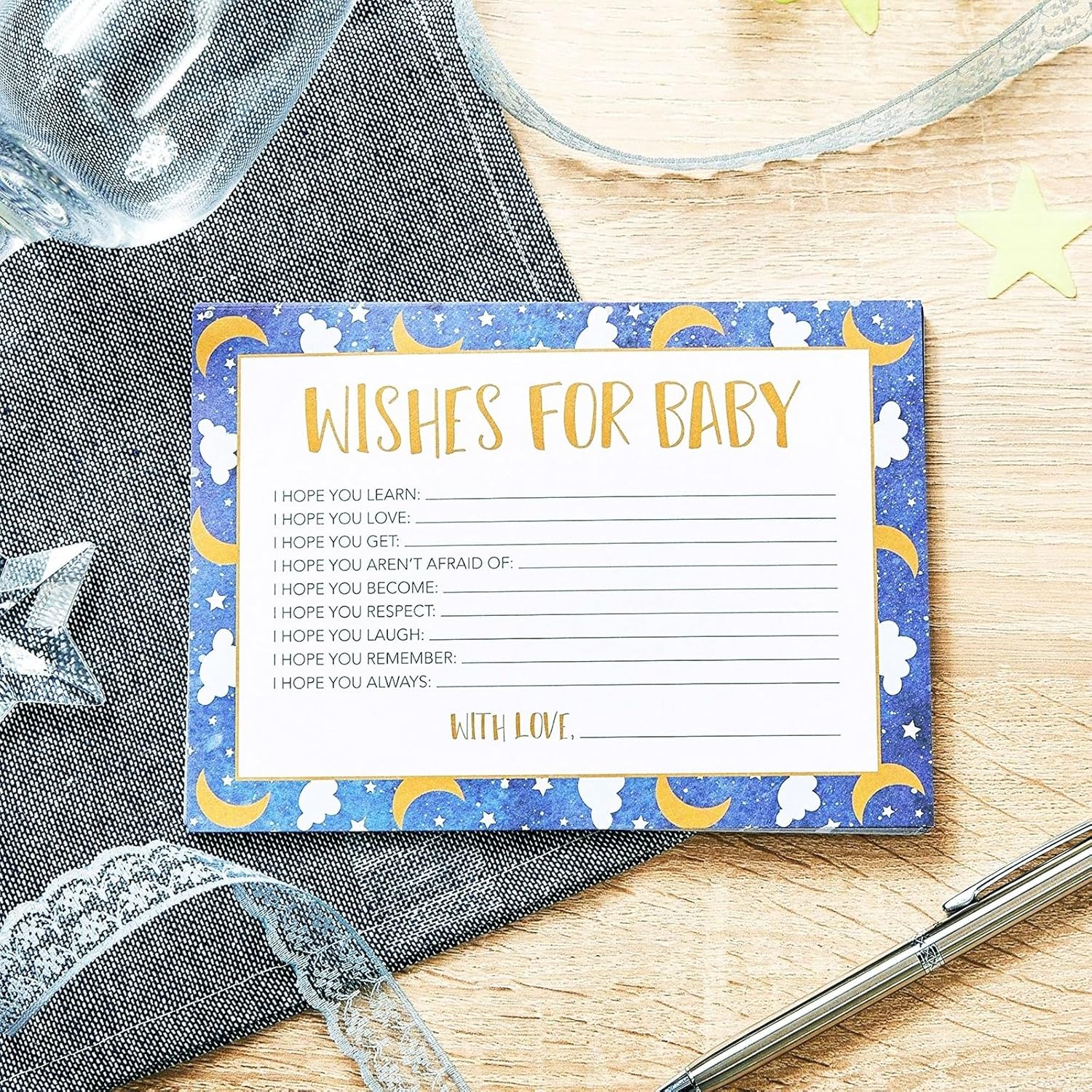 Moon & Star Theme Baby Shower Party Kit - 5 Activities, 251 Cards For 50 Guests - Space Cloud Baby Shower Card Games & Twinkle Little Star Bingo, Word Scramble Challenge