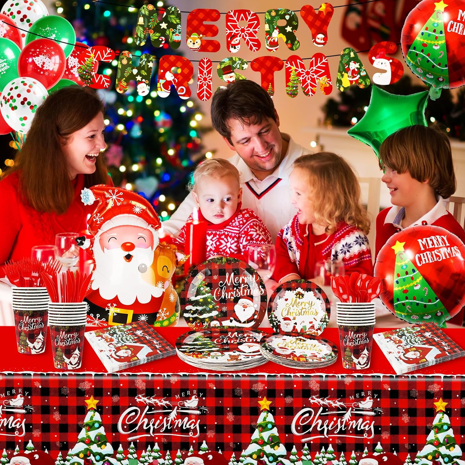 185 Pcs Christmas Party Decorations Christmas Party Supplies Tableware Set Serves 24, With Plates Napkins Cups Fork Knives Spoon Tablecloth Banner Balloons For Xmas Holiday Party Decorations