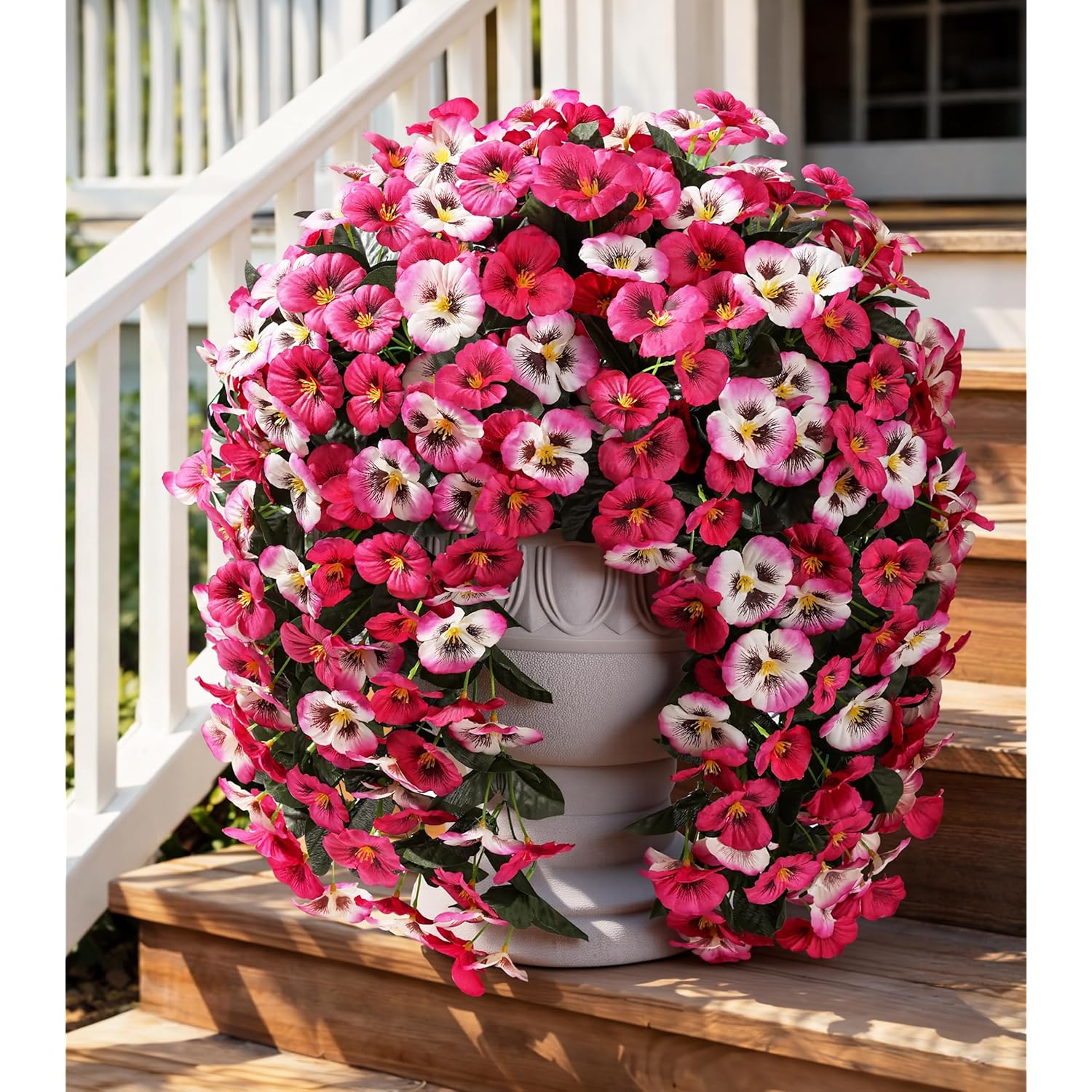 Artificial Flowers For Outdoors 2Pcs Faux Silk Pansy Vines Lush Uv Resistant Fake Hanging Flower Plants For Outside Porch Yard Patio Window Box (Mix Rose)