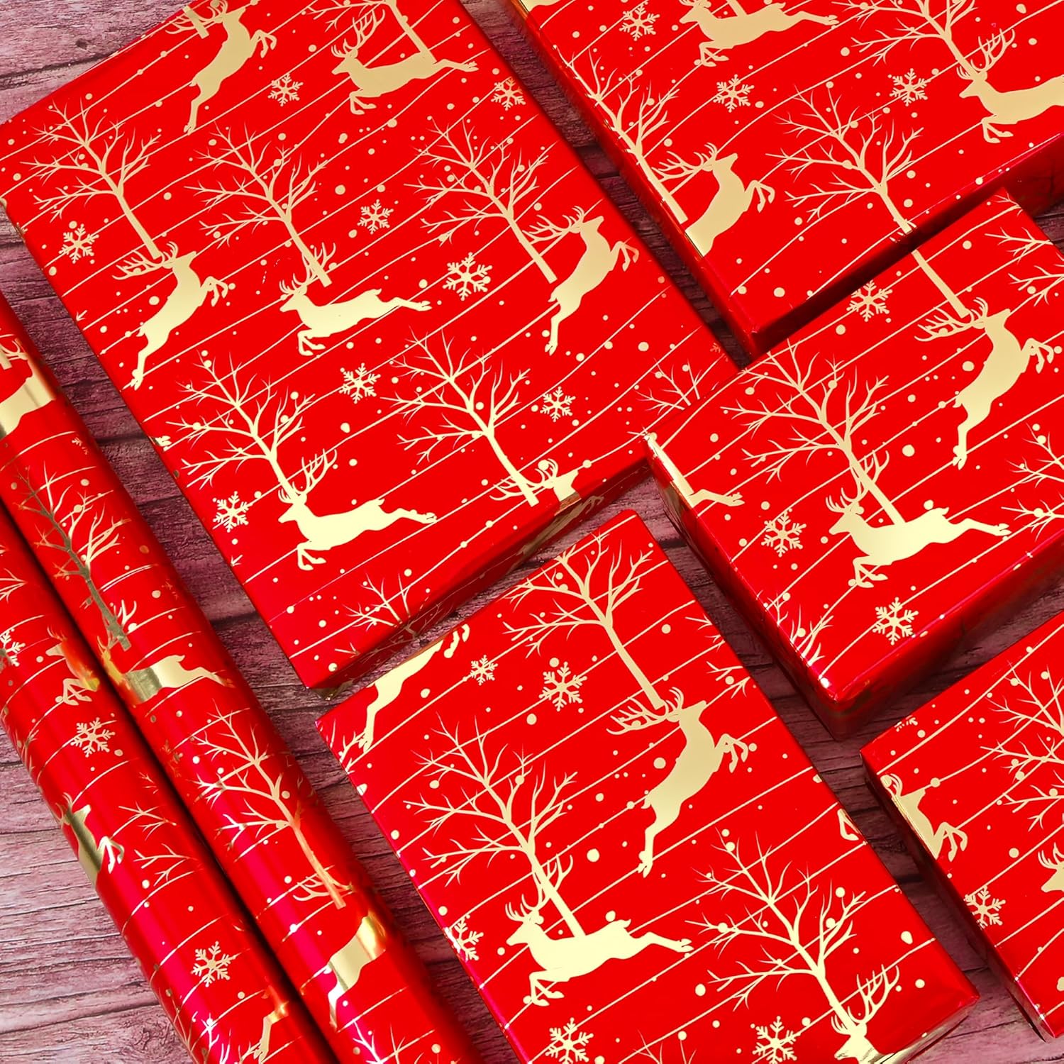 Red Christmas Wrapping Paper Roll - Red Reindeer Holographic Gift Wrap Luxury Metallic Foil Design For Festive Winter Holiday Season - 17In X 16.5Ft