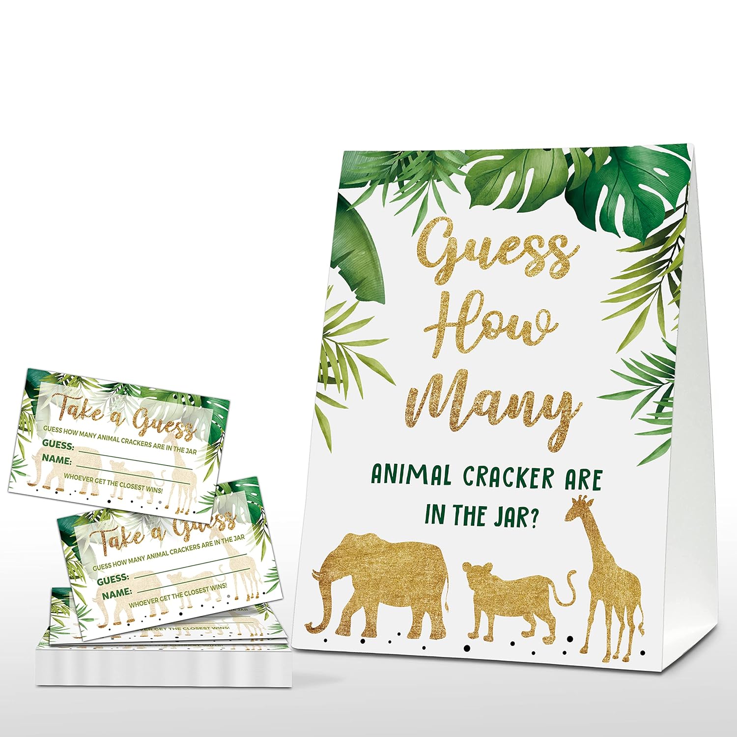 Gold Safari Baby Shower Game, Find How Many Animal Crackers Are In The Jar, Jungle Shower Game Sign, Gold Glitter Gender Neutral Baby Shower Decorations Activities (1 Sign+50 Cards) - A04