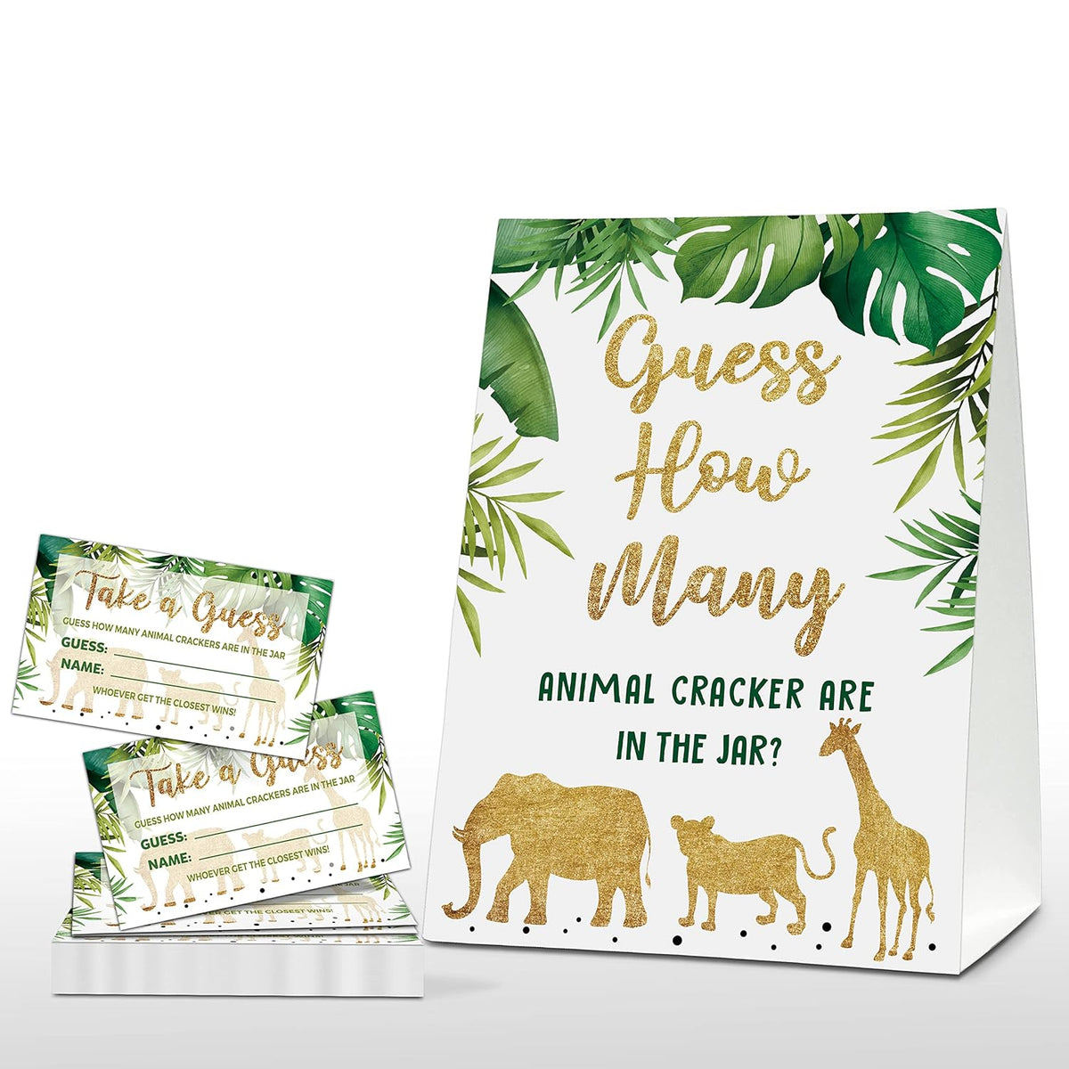 Gold Safari Baby Shower Game, Find How Many Animal Crackers Are In The Jar, Jungle Shower Game Sign, Gold Glitter Gender Neutral Baby Shower Decorations Activities (1 Sign+50 Cards) - A04