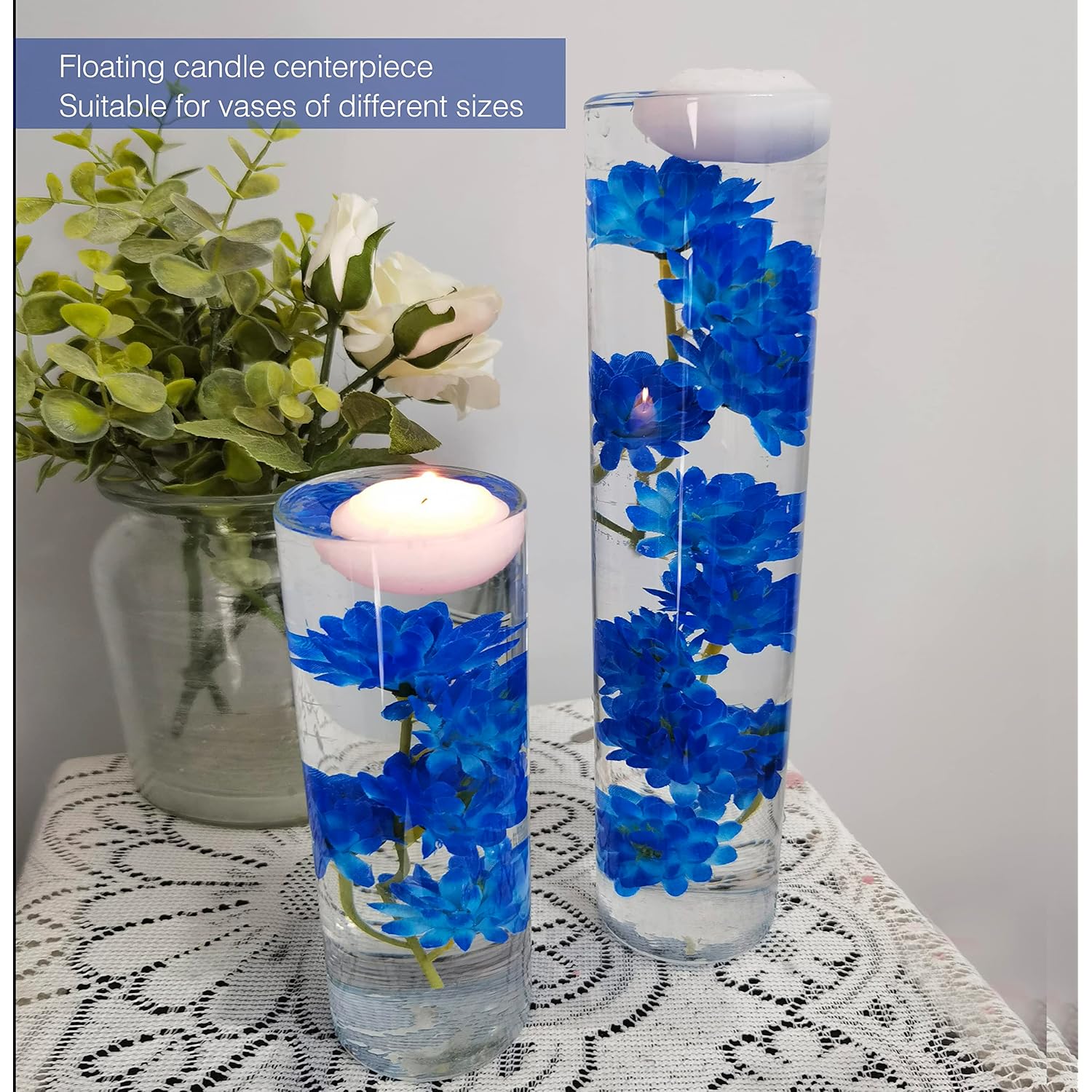 12 Pcs Blue Artificial Flower For Floating Candle Centerpieces, Faux Flower Vase Filler For Wedding Table Centerpieces Party Decor.