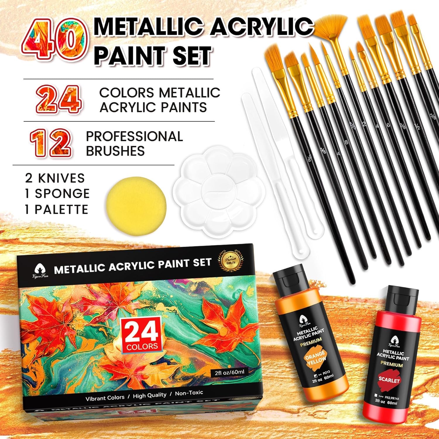 40 Pcs Metallic Acrylic Paint Set With 12 Brushes, 2 Knives & Palette, 24 Colors (2Oz/60Ml) - For Adults, Artists & Beginners - Canvas Ceramic Rock Wood Pumpkin Painting Kit