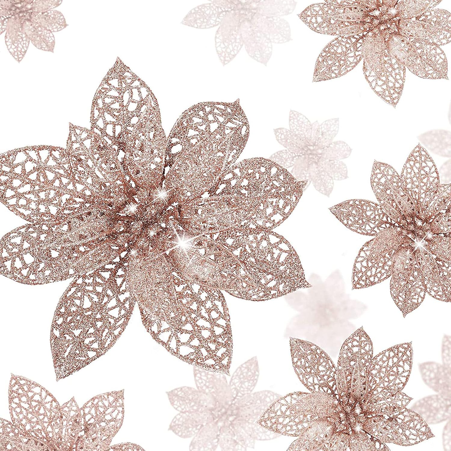 Rose Gold 24 Pieces Poinsettia Flower Christmas Glitter Artificial Poinsettia With Clips Christmas Tree Ornament Decorations For Diy Xmas Wreath Holiday Home Party Decor, 3/4/6 Inches