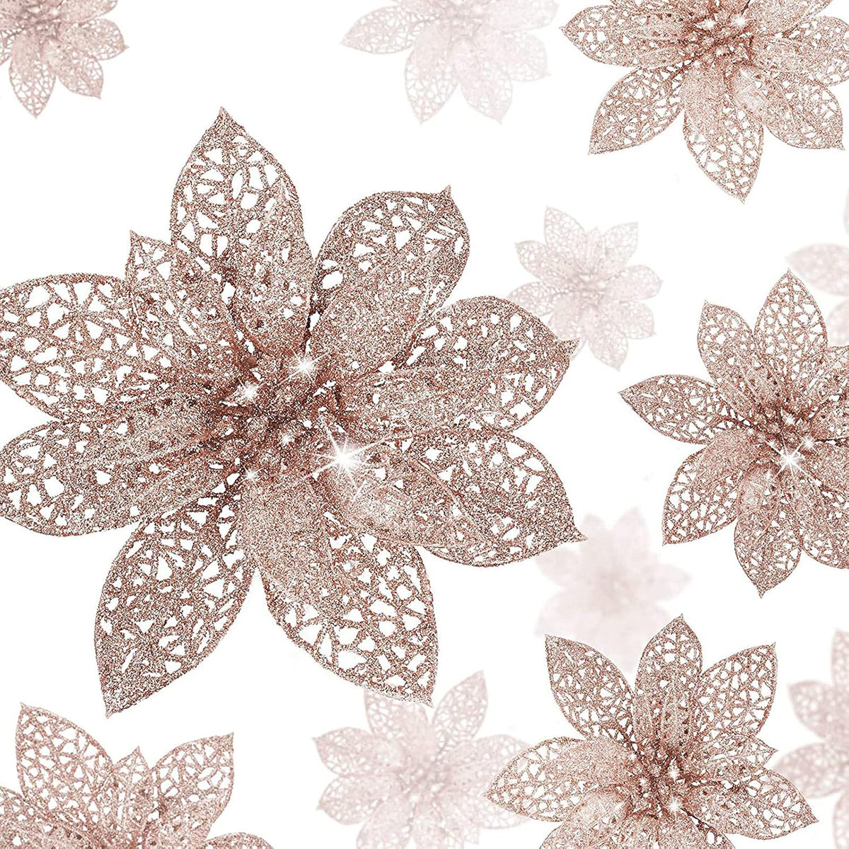 Rose Gold 24 Pieces Poinsettia Flower Christmas Glitter Artificial Poinsettia With Clips Christmas Tree Ornament Decorations For Diy Xmas Wreath Holiday Home Party Decor, 3/4/6 Inches