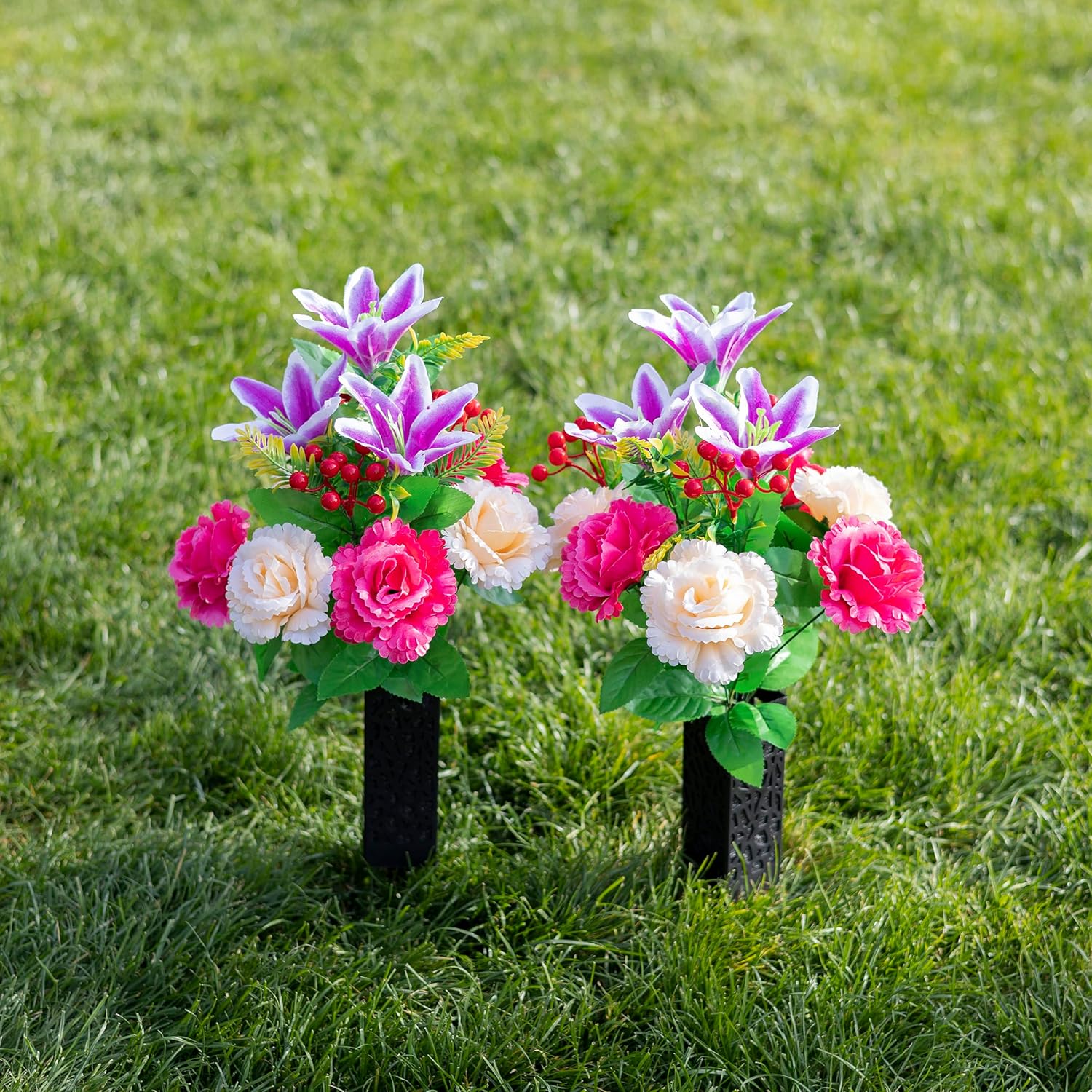 2 Sets Vibrant Cemetery Flowers - Beautiful Grave Decorations With Artificial Roses And Silk Flowers (Red, 2 Bouquets)