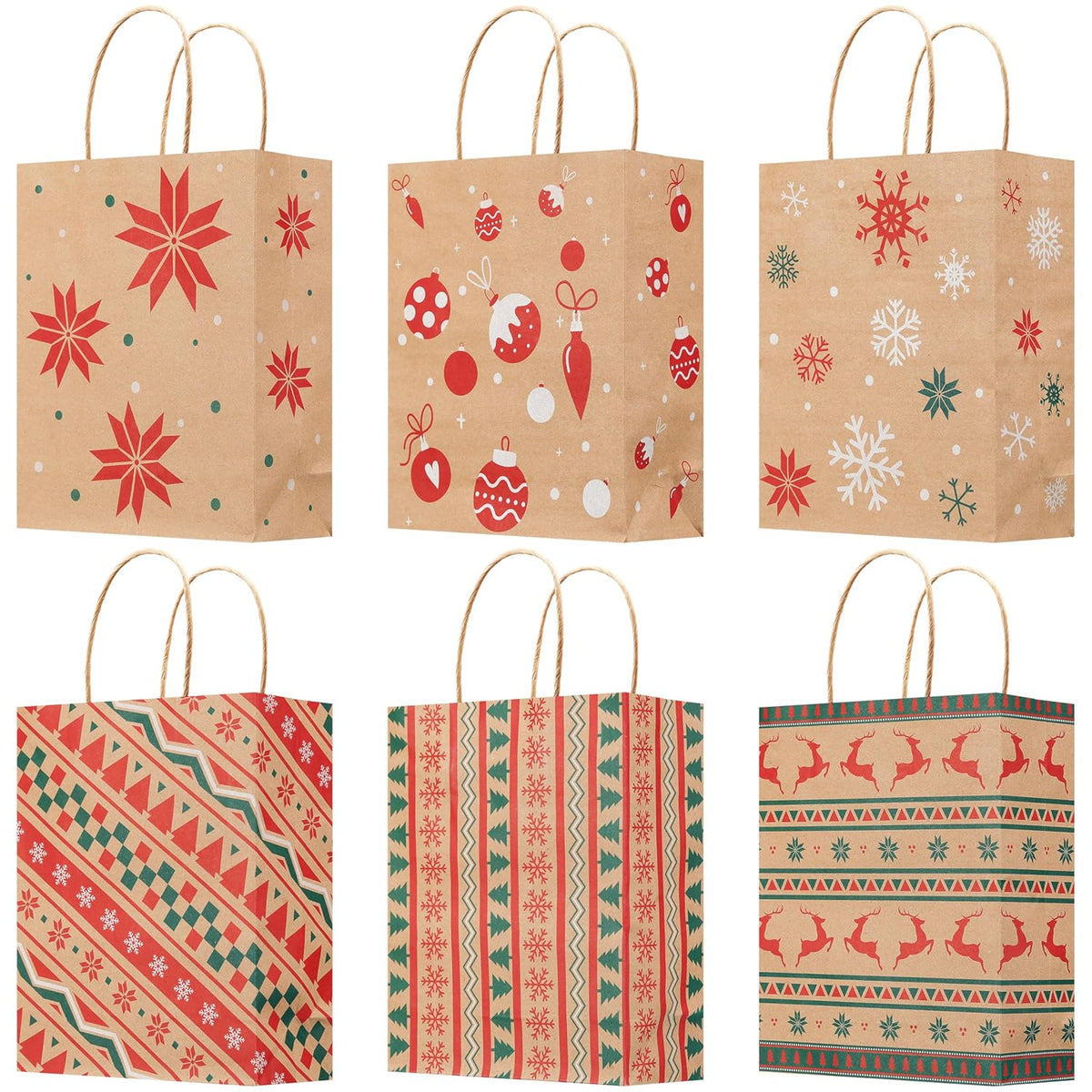 24 Pcs Christmas Kraft Gift Bags With Handles,Treat Bags For Gifts,Cookies,Candy,Holiday Goodies Wrapping,For Xmas Holiday Presents Wrapping,9"X7.3"X3.3"