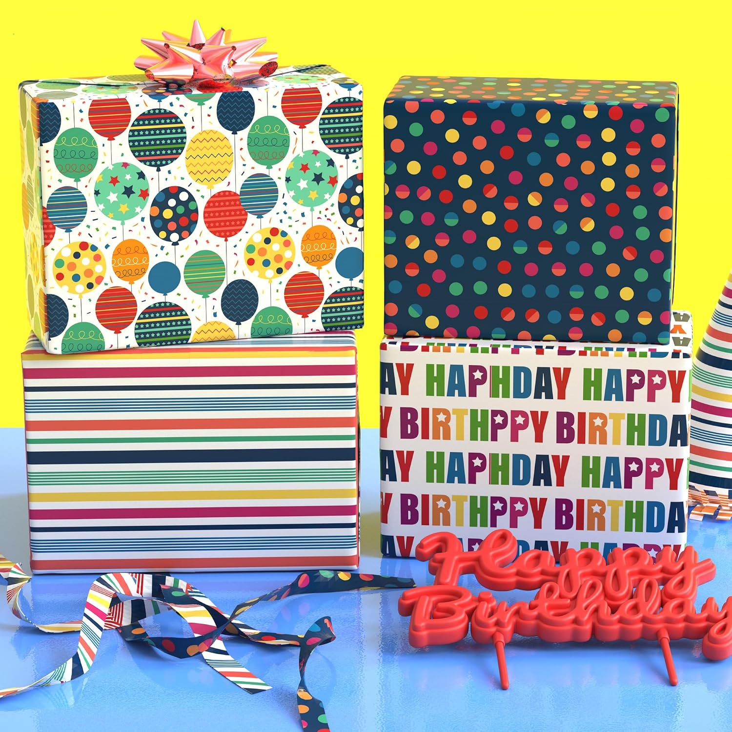 Birthday Wrapping Paper For Boys Girls Women Men,12 Sheets Gift Wrapping Paper With “Happy Birthday” Polka Dots, Balloons, Colorful Stripes - Holiday Gift Wrap 20×28 Inch