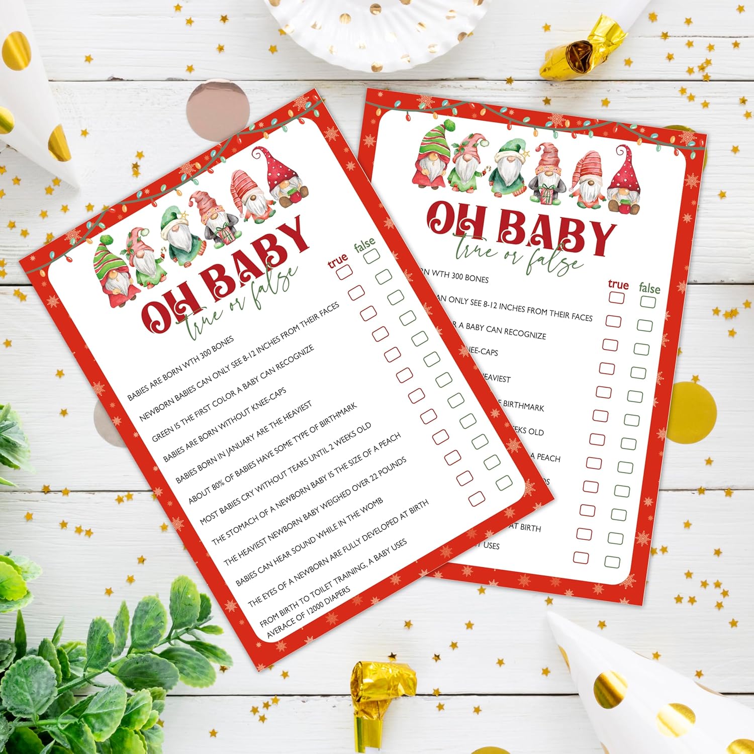 Christmas Baby Shower Games - Winter Festival Themed Gender Reveal Party Cards With Santa Gnomes Design, Holiday Party Supplies