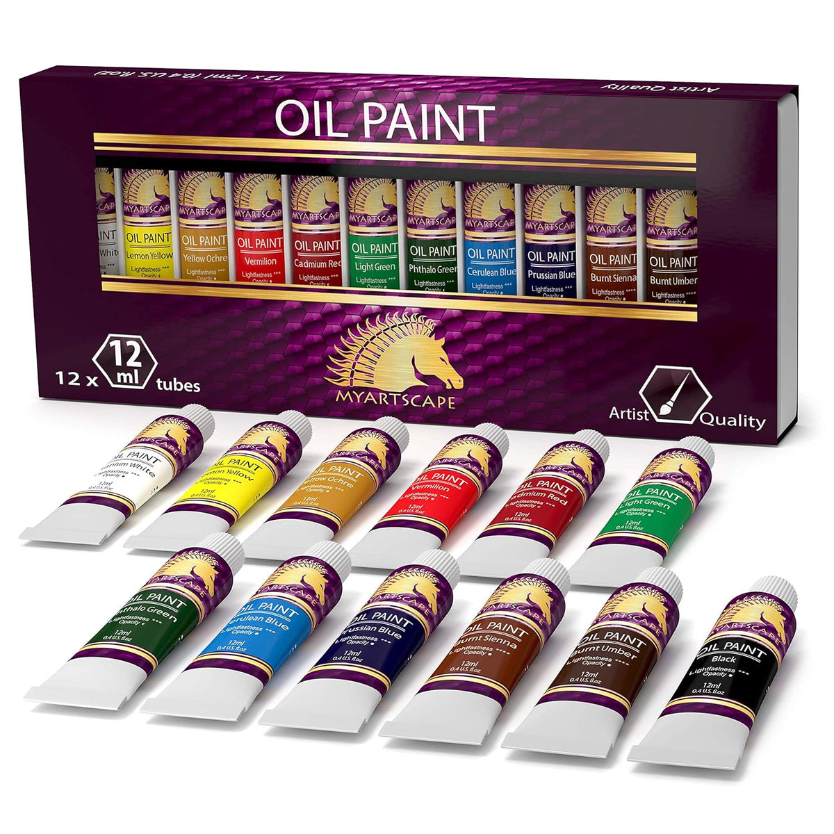 Oil Paint Set - 12 X 12Ml Tubes - Lightfast - Heavy Body - Oil-Based Vibrant Colors - High Pigment Load - Non-Fading - Artist Quality Painting Supplies - Professional Craft Paints