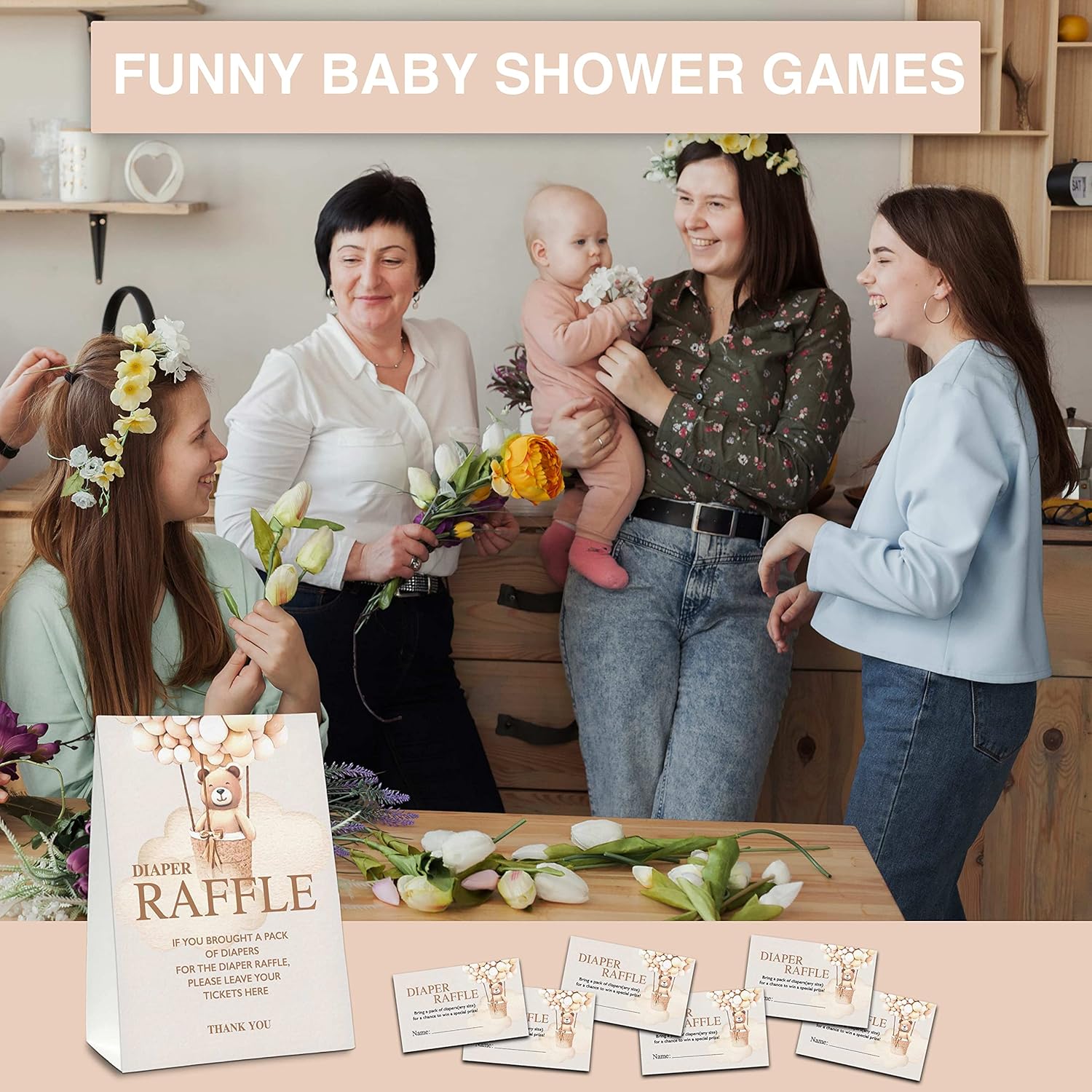 Diaper Raffle Party Games, Boho Bear Balloon Baby Shower Game, Watercolor Brown Themed Baby Gender Reveal Party Supplies & Activities -1 Double Sided Standing Sign + 50 Guessing Cards (A11)