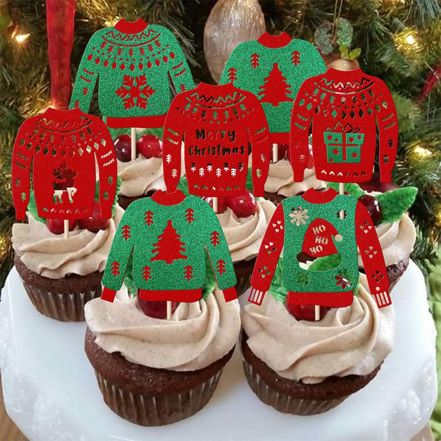 24 Pack Ugly Sweater Cupcake Toppers Christmas Tree Deer Snowflake Cupcake Picks Merry Christmas New Year Holiday Ugly Sweater Xmas Party Cake Decorations Supplies