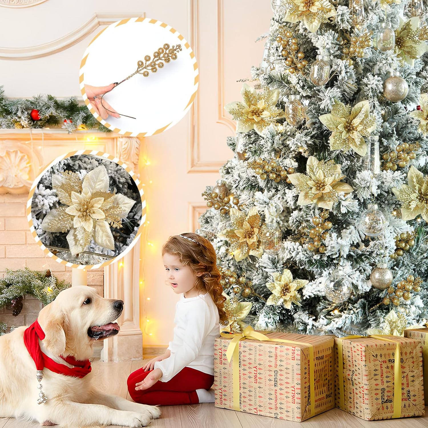24 Pieces Christmas Tree Decorations, 12 Pcs Gold Poinsettia Flowers Artificial And 12 Pcs Glitter Christmas Tree Picks For Christmas Decorations Party Wreath Fireplace Stairs, Gold