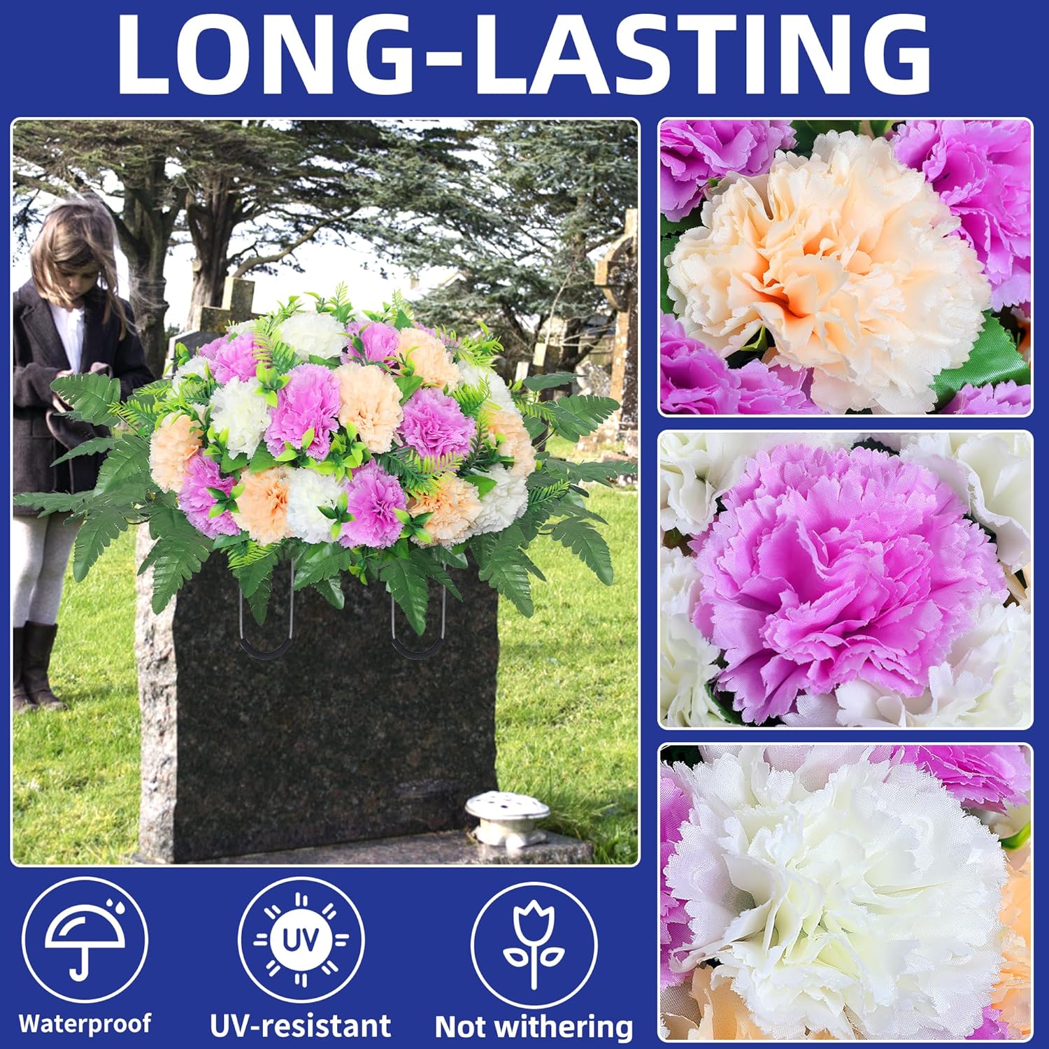 Artificial Cemetery Silk Flowers Saddle,Carnation Cemetery Headstone Flower Saddle, Memorial Flowers For Outdoor Tombstone Headstone Decorations (Purple Beige White)