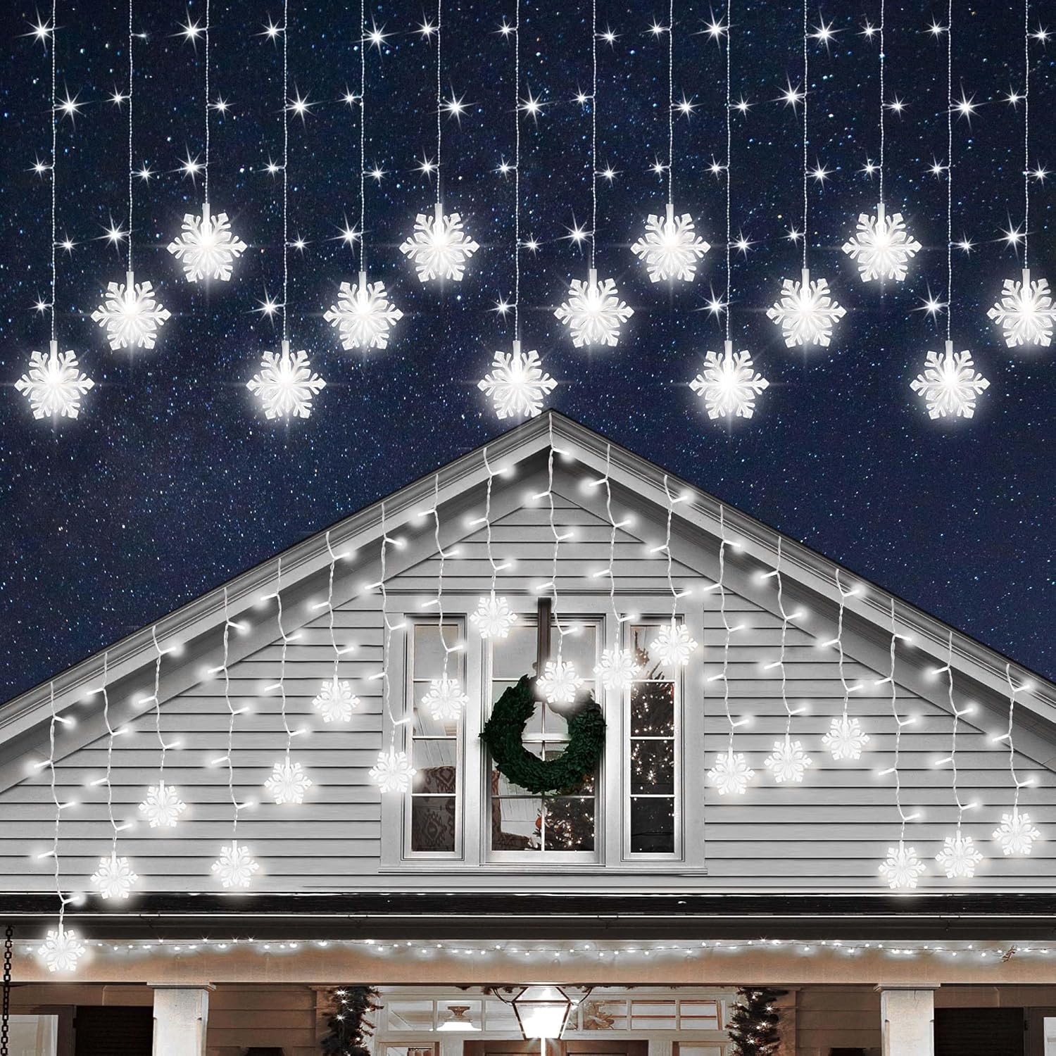 Christmas White Icicle Lights With Snowflake, 150 Led Curtain Lights With 8 Lighting Modes, Plug In Twinkle Lights For H