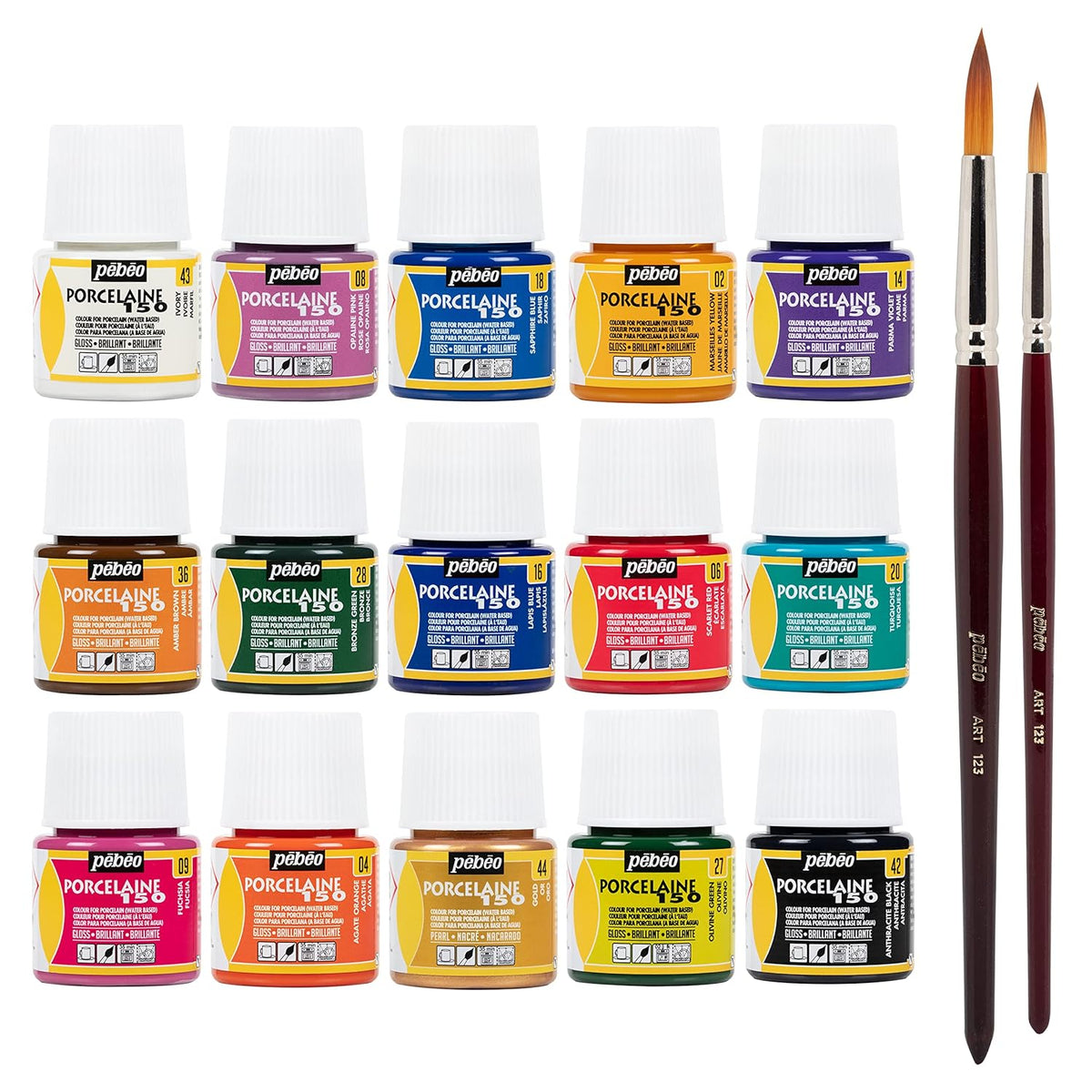 Pebeo Porcelaine 150 China Paint Set Each Package Discovery 15 Various 45 ml Paint Bottle 1.5 fl oz 2 Pieces Pebeo Taklon Synthetic Bristle Brush Water Based Non Toksic