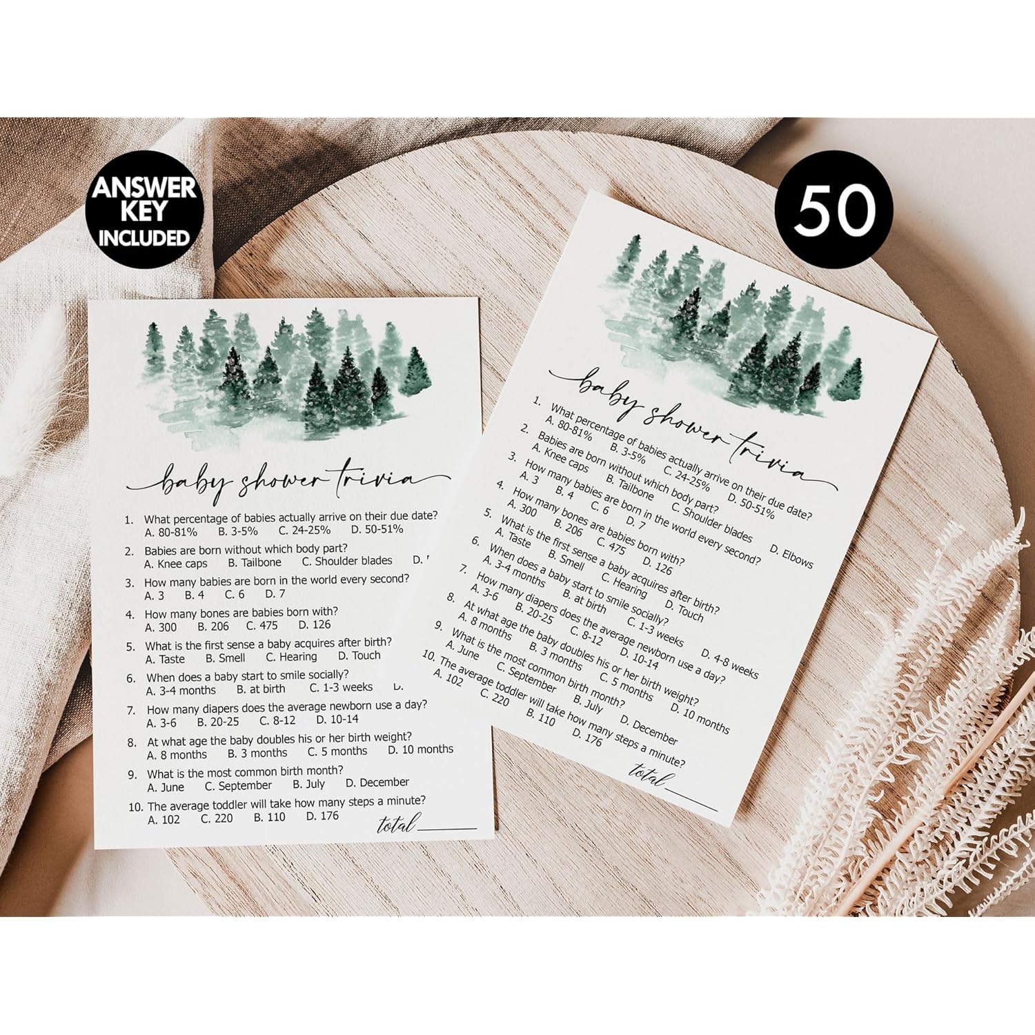 50 Baby Shower Trivia (50-Cards) Fun Game Activity, Gender Neutral Boy Or Girl, Baby It’S Cold Outside Winter Wonderland Forest Decorations