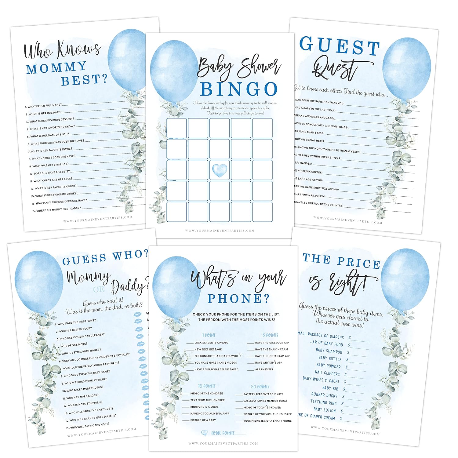 Boy Baby Shower Games (Set Of 6 Fun Activities For 25 Guests), Blue Boy Themed Baby Shower Games