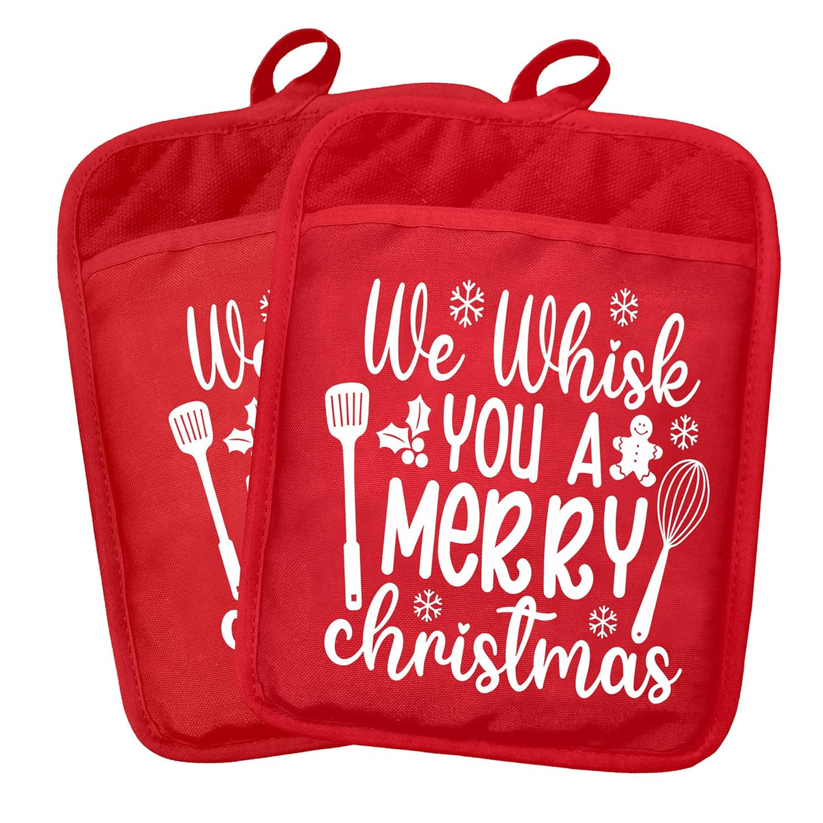 We Whisk You A Merry Christmas Pot Holders 2 Pack Set, Gifts For Baking Lovers, Funny Holiday Christmas Heat Resistant Oven Hot Pads For Kitchen Countertop Baking