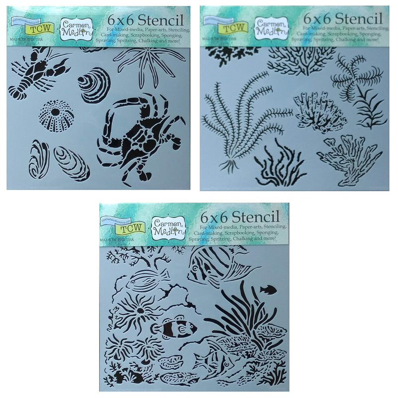 3 Crafters Workshop Mixed Media Stencils | Coral, Fish, Ocean Theme | For Jour