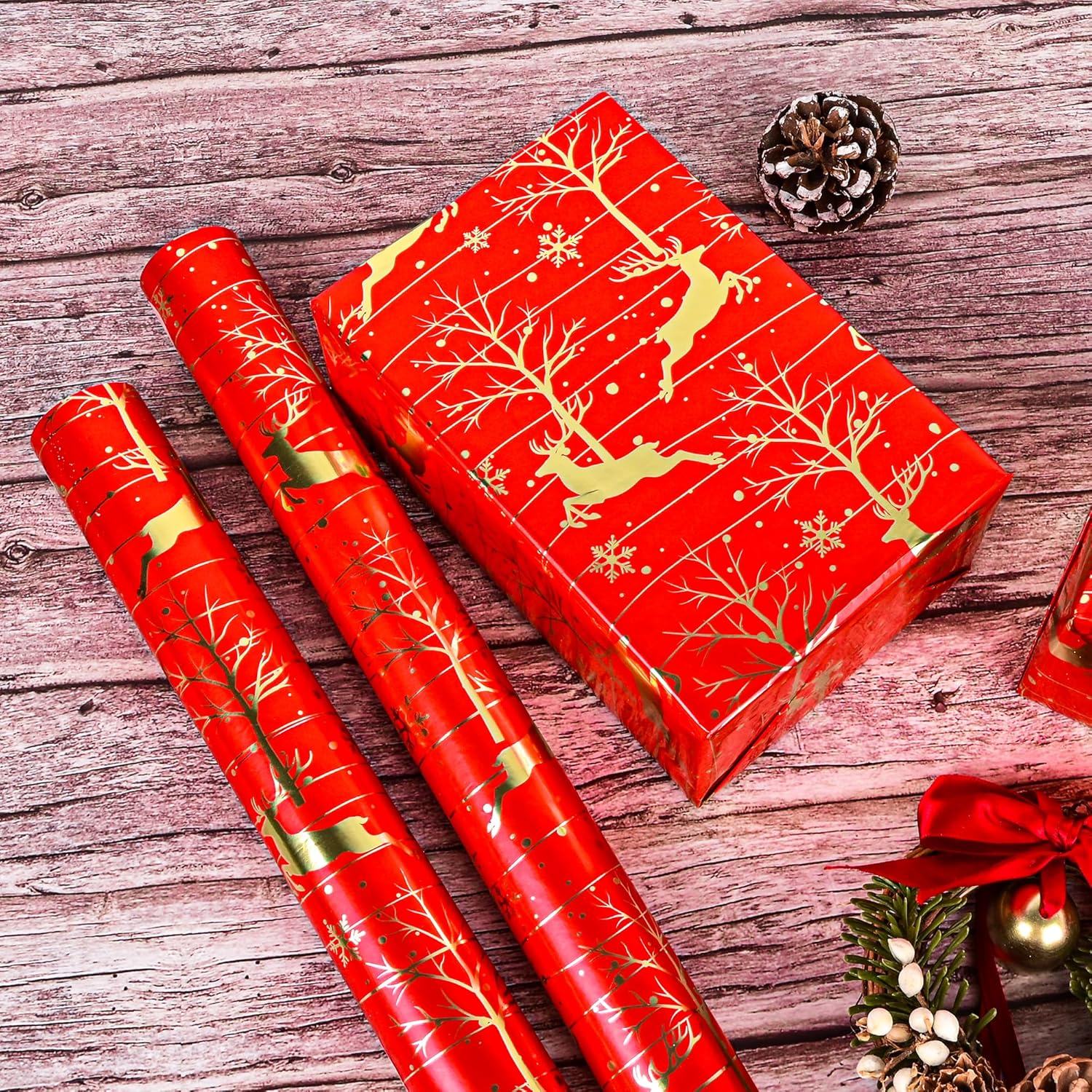 Red Christmas Wrapping Paper Roll - Red Reindeer Holographic Gift Wrap Luxury Metallic Foil Design For Festive Winter Holiday Season - 17In X 16.5Ft