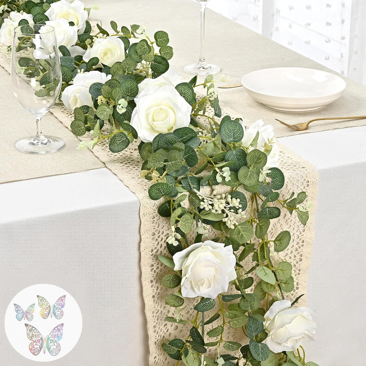 6.6 Ft White Flower Garland With 3D Butterfly, Artificial Eucalyptus Garland With Flowers Fake Rose Vine For Table Centerpiece Wedding Arch Baby Shower Party Room Backdrop Decor