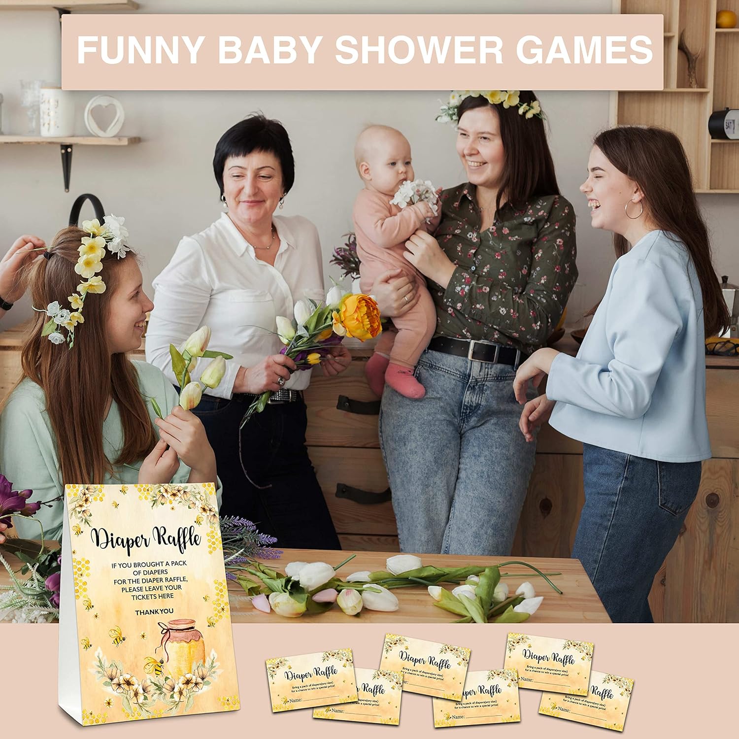 Diaper Raffle Party Games, Honey Bee Baby Shower Game, Floral Themed Baby Gender Reveal Party Supplies & Activities -1 Double Sided Standing Sign + 50 Guessing Cards (A09)