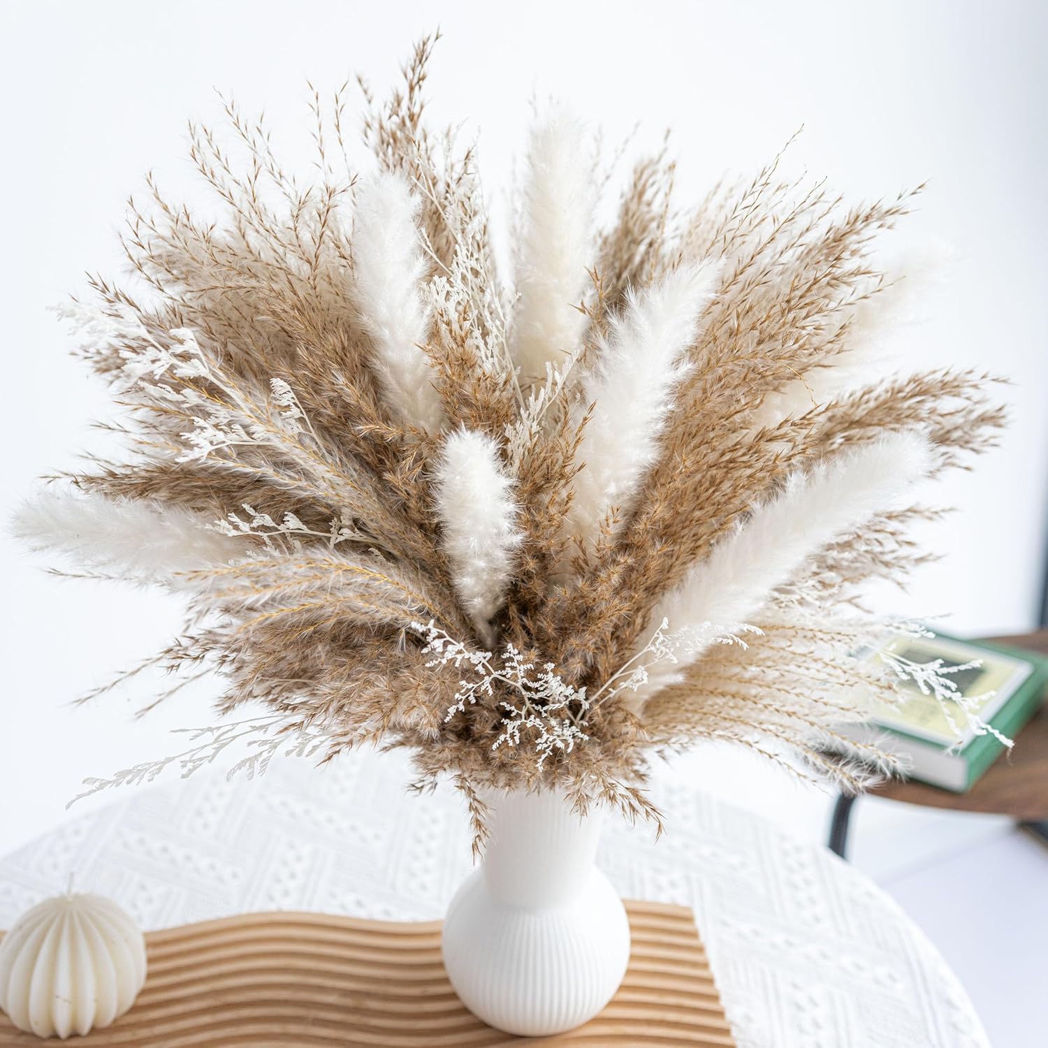 Fluffy Dired Reed Grass, Boho Decor, Pampas Grass Bulk, Dried Flowers For Wedding Home Table Decor Desk Decor, Rustic Farmhouse Decor Boho Flowers Home Table Decor (White & Brown)