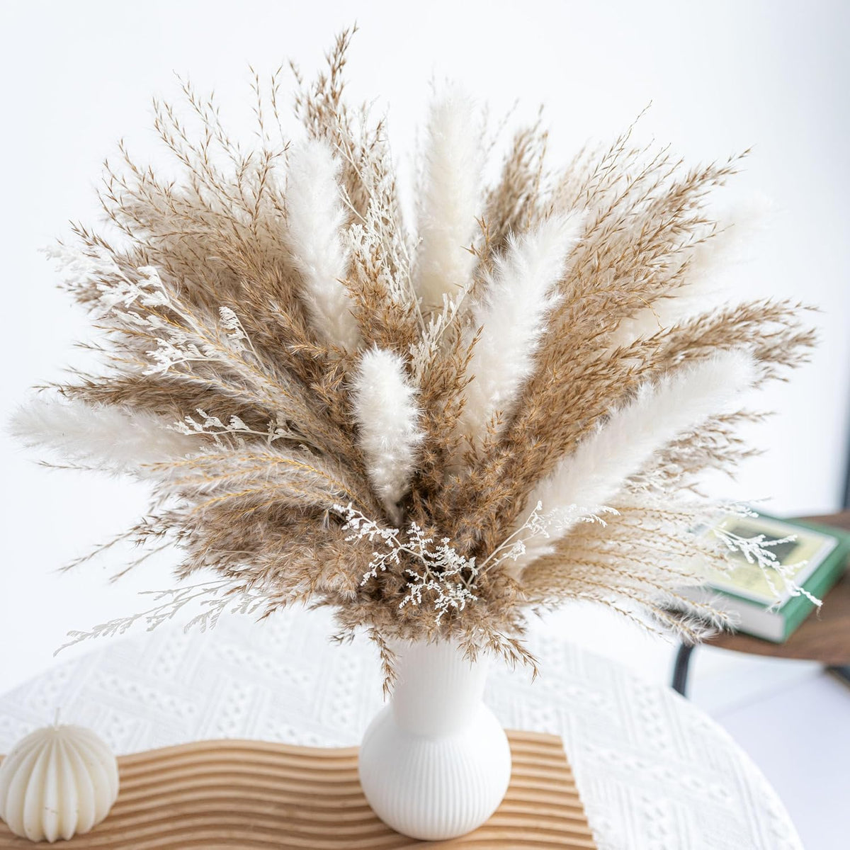 Fluffy Dired Reed Grass, Boho Decor, Pampas Grass Bulk, Dried Flowers For Wedding Home Table Decor Desk Decor, Rustic Farmhouse Decor Boho Flowers Home Table Decor (White & Brown)