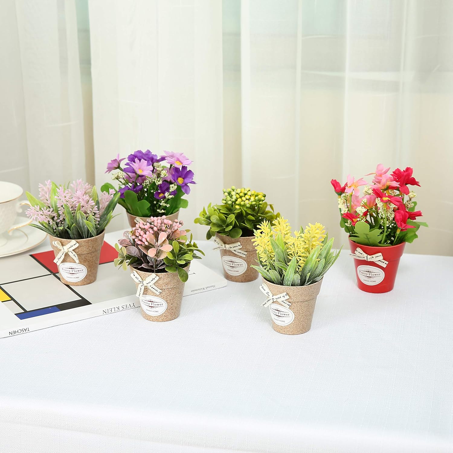 Set Of 6 Potted Artificial Flowers Fake Flowers With Vase Faux Flowers In Pot, Spring Decor For Home Office Floral Arrangement For Table Dinning Room Decoration Shelf Decor