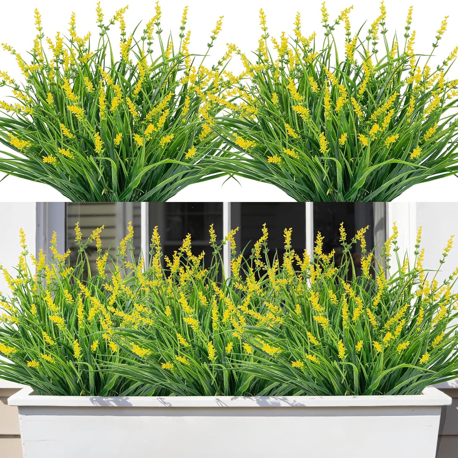 24 Bundles Artificial Plants Flowers Outdoor, Faux Lavender Flowers Fake Monkey Grass Uv Resistant Plastic Plant For Porch Garden Patio Window Home Decor, Yellow