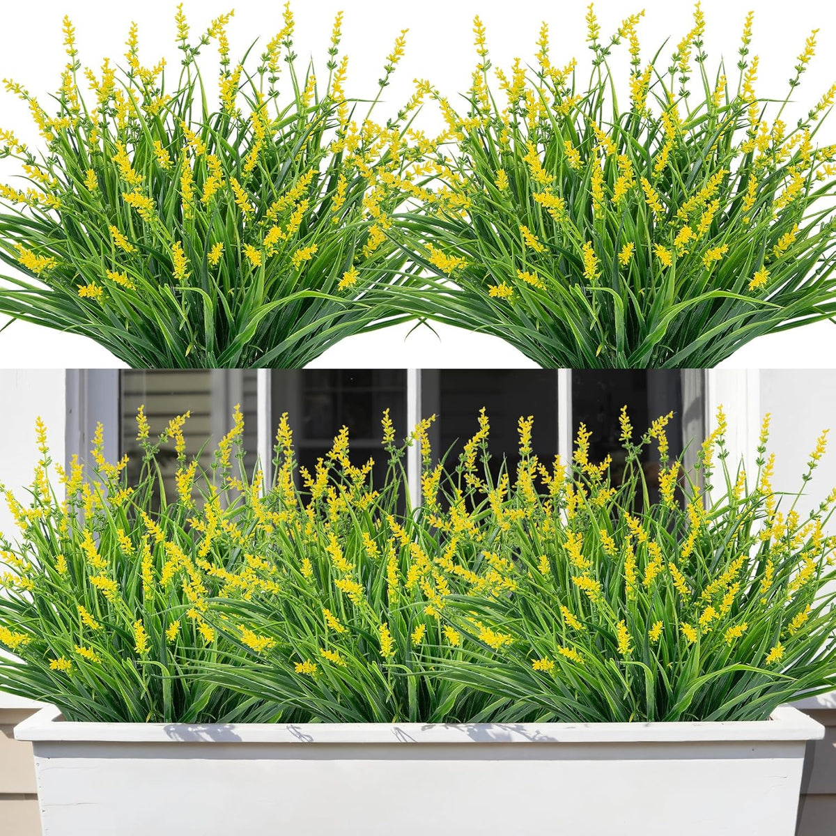 24 Bundles Artificial Plants Flowers Outdoor, Faux Lavender Flowers Fake Monkey Grass Uv Resistant Plastic Plant For Porch Garden Patio Window Home Decor, Yellow