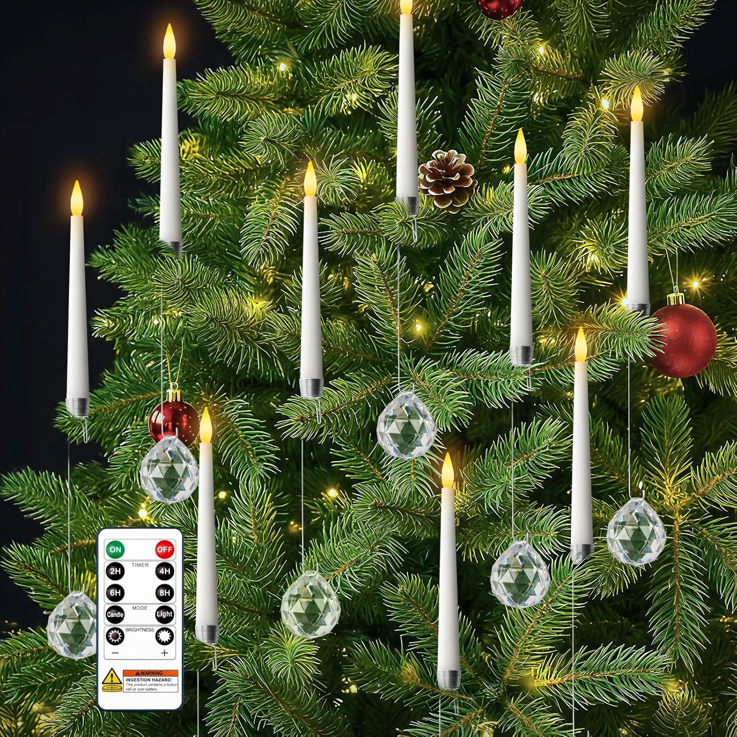 Pack Of 10 Christmas Tree Candles With Remote And Timer, Flameless Short Taper Candles Flickering, Battery Operated Fake Led Candle For Xmas Home Party Wedding Gift With Crystal Ball Hook