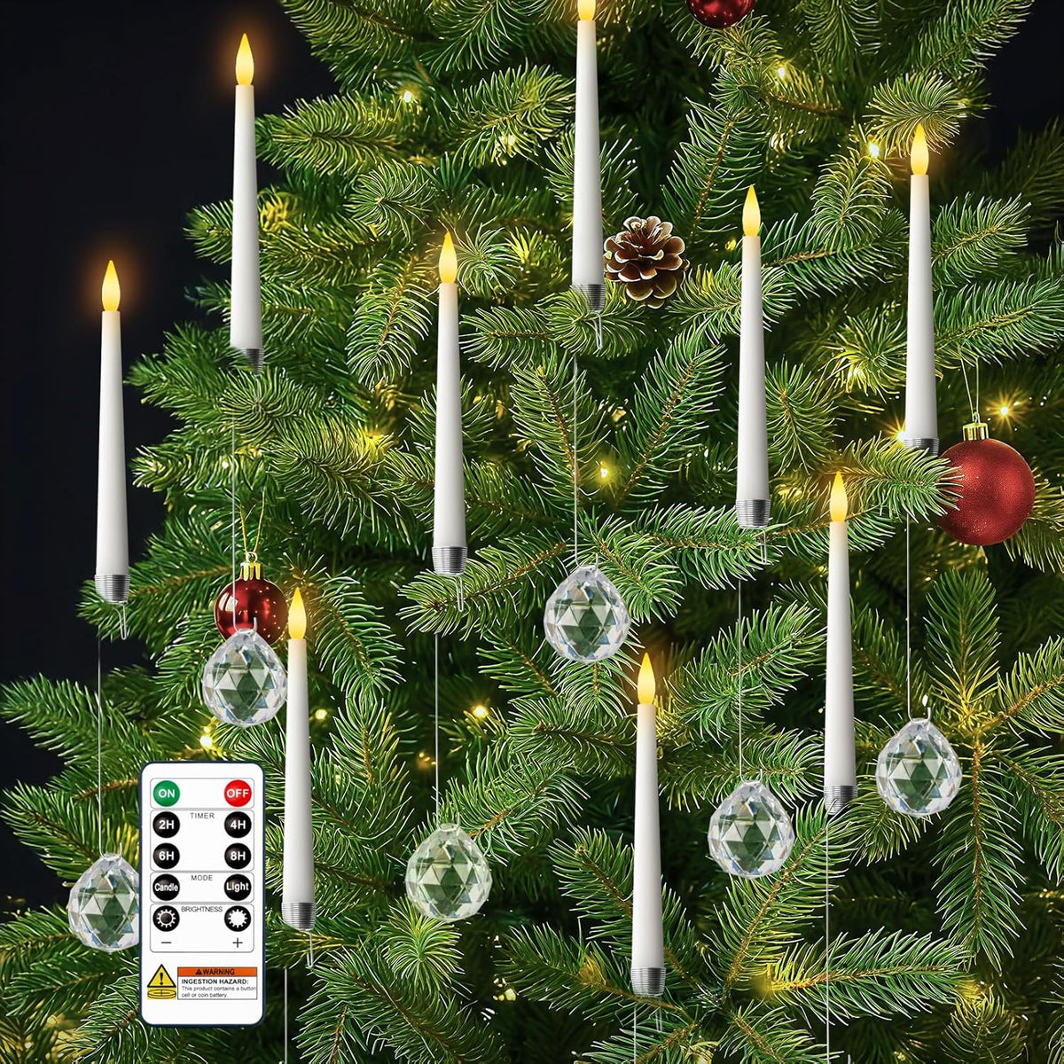 Pack Of 10 Christmas Tree Candles With Remote And Timer, Flameless Short Taper Candles Flickering, Battery Operated Fake Led Candle For Xmas Home Party Wedding Gift With Crystal Ball Hook
