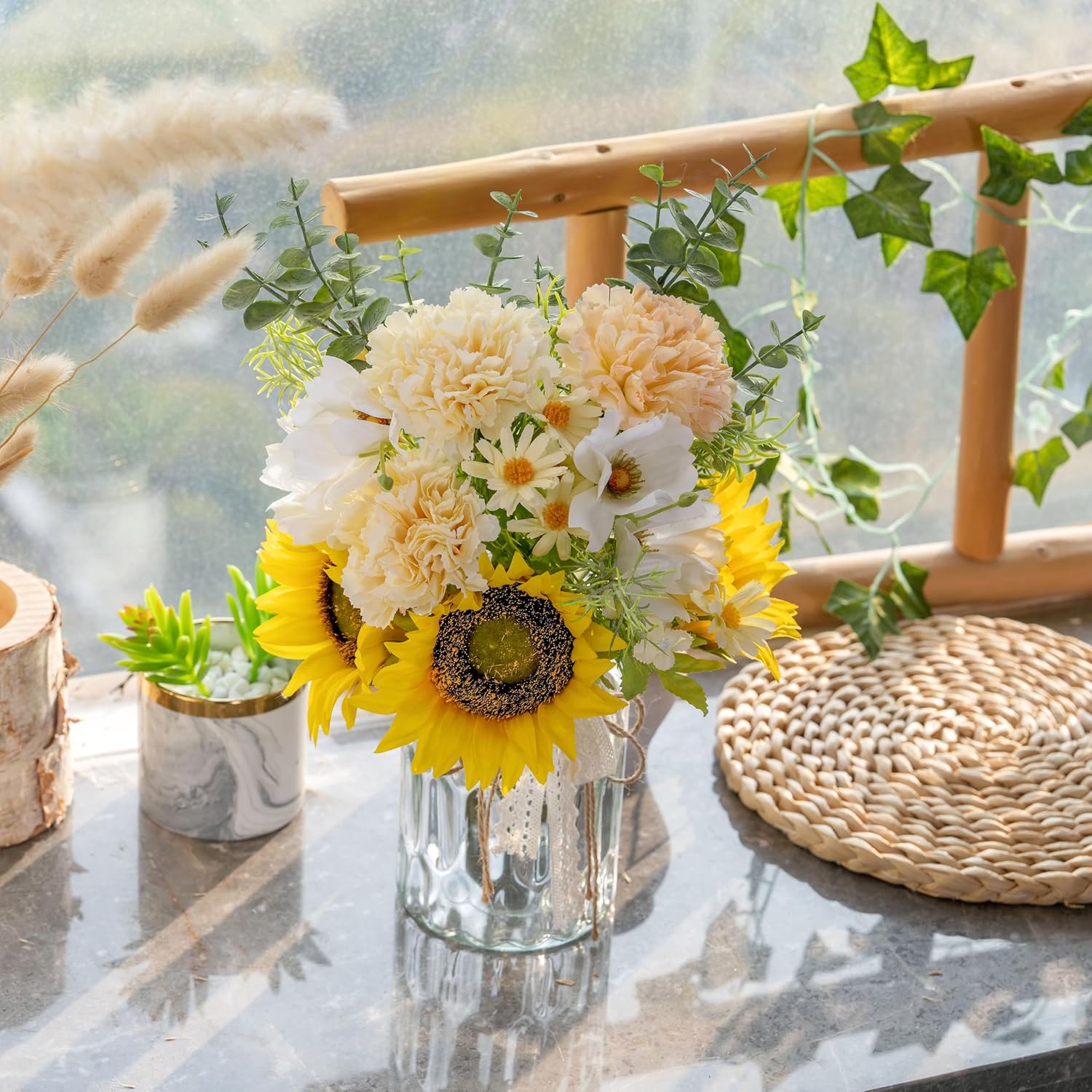 Fake Flowers Artificial Sunflowers With Vase, Faux Silk Carnation,Daisy Flowers For Home Office Decorations, Kitchen Dining Table Decor, Farmhouse Centerpiece Table Decoration