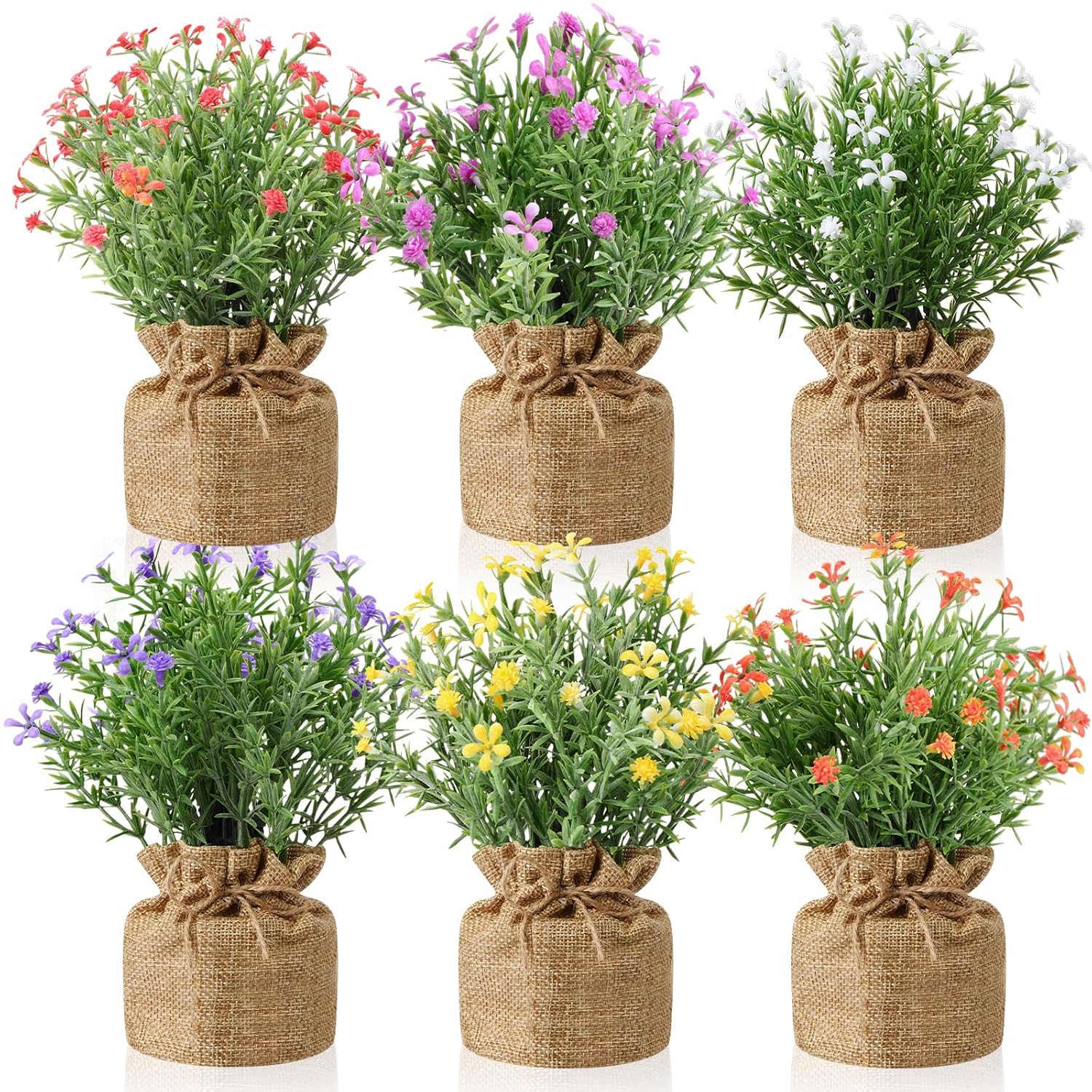 6 Pcs Artificial Flowers In Small Burlap Potted Faux Flowers Simulation False Plants Small Bonsai Creative Home Decoration Ornaments Kitchen Dining Room Fake Plants Indoor Outdoor