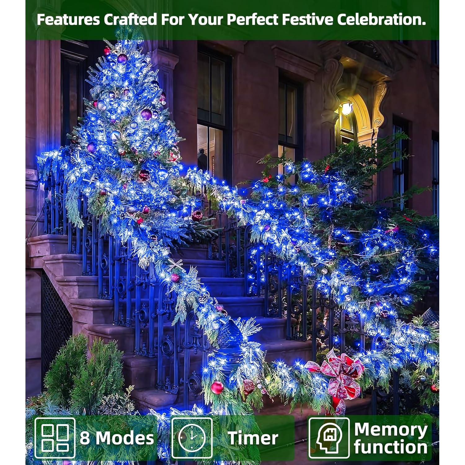 1500 Led 492Ft Outdoor Christmas Lights Decorations, Green Wire Led String Lights With Timer Memory, Twinkle Lighs For Indoor Outdoor Party, Tree Wedding, Garden, Patio (Blue)