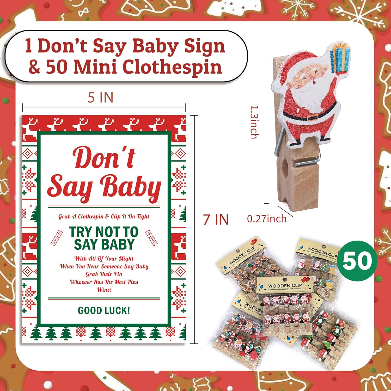 Don'T Say Baby Game,Christmas Baby Shower Game,50 Cute Christmas Featured Wooden Clothespins And One Sign, Christmas Baby Shower Decorations, Christmas Gender Reveal-Dsbb11
