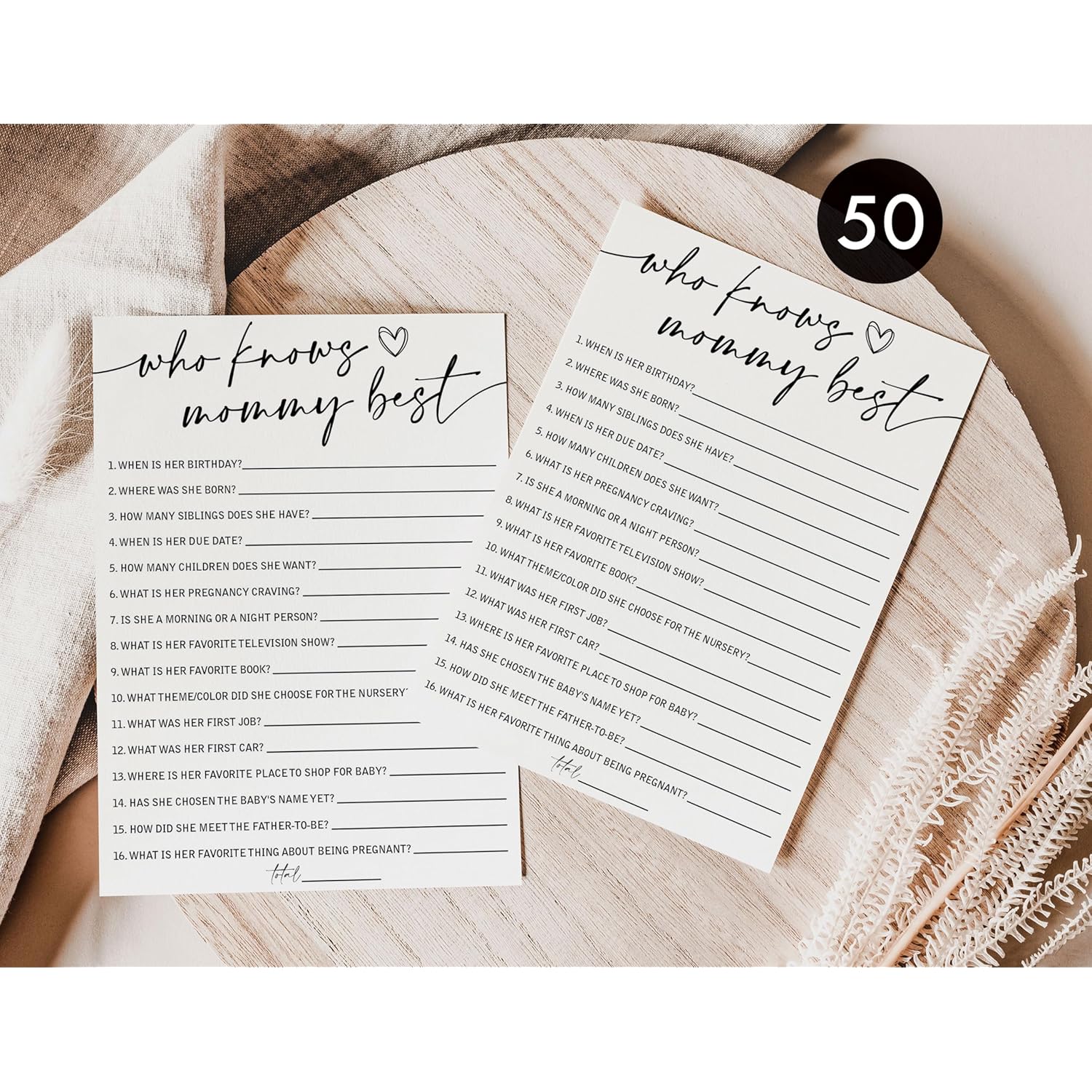 Who Knows Mommy Best (50-Cards) Fun Baby Shower Game Activity, Gender Neutral Boy Or Girl, Minimalist